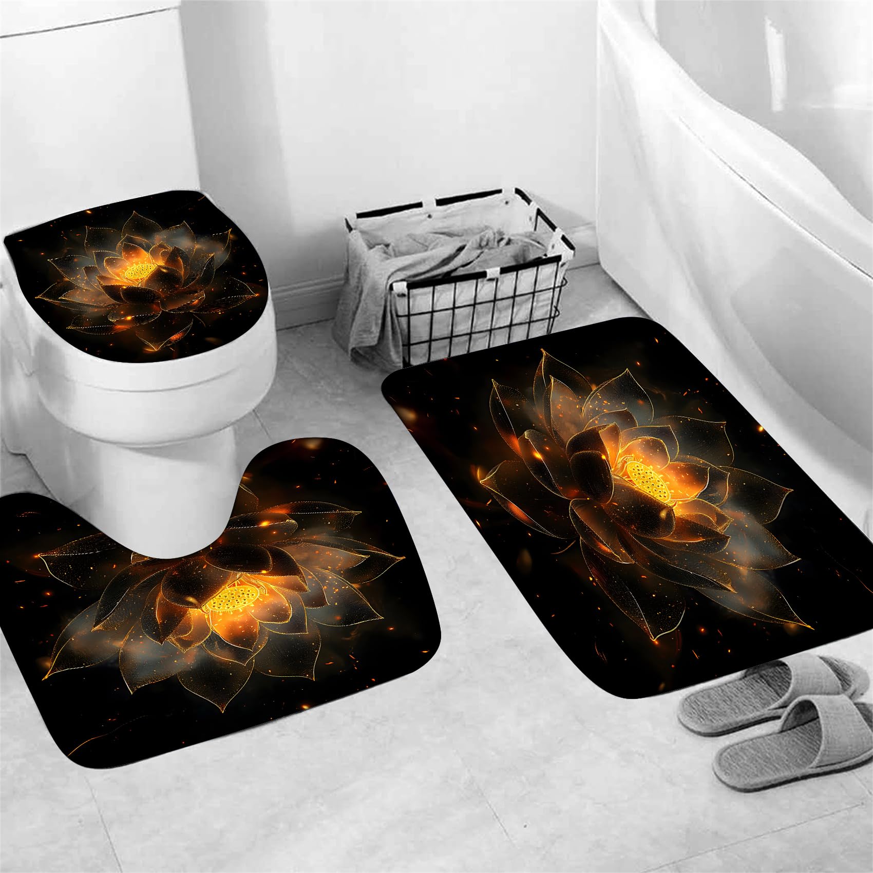AZHM 4PCS Lotus Shower Curtain Set Black and Gold Flower Bathroom Decor Sets with Shower Curtain and Rugs and Accessories with 12 Hooks for Toilet