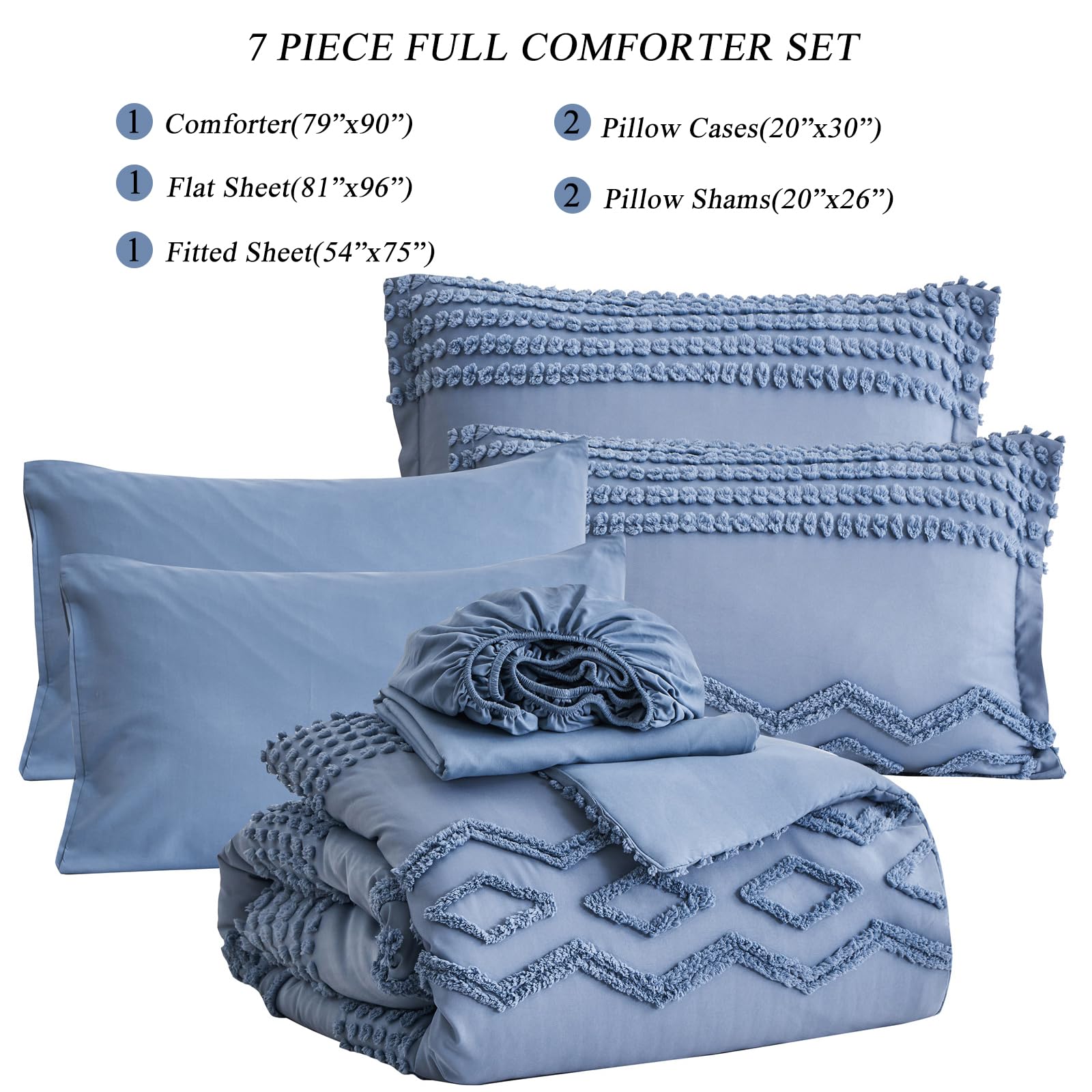 KAKIJUMN Grey Tufted Comforter Set King Size 7 Piece Bed in a Bag, Shabby Chic Boho Comforter and Sheet Set, Pom Pom Textured Bed Set, All Season Soft Microfiber Complete Bedding Set(Grey,King)