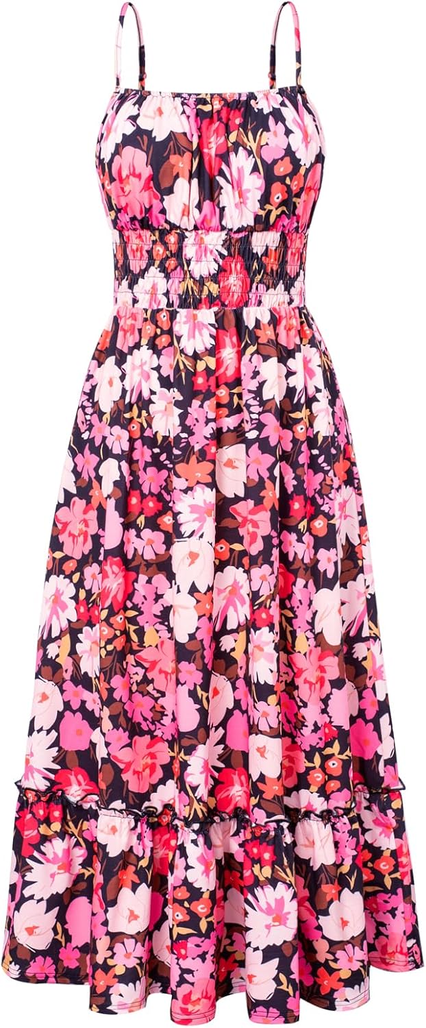 GRACE KARIN Summer Dresses for Women 2026 Vacation,Smocked Floral Maxi Dress,Boho Beach Sundress with Pocket Fashion Clothing