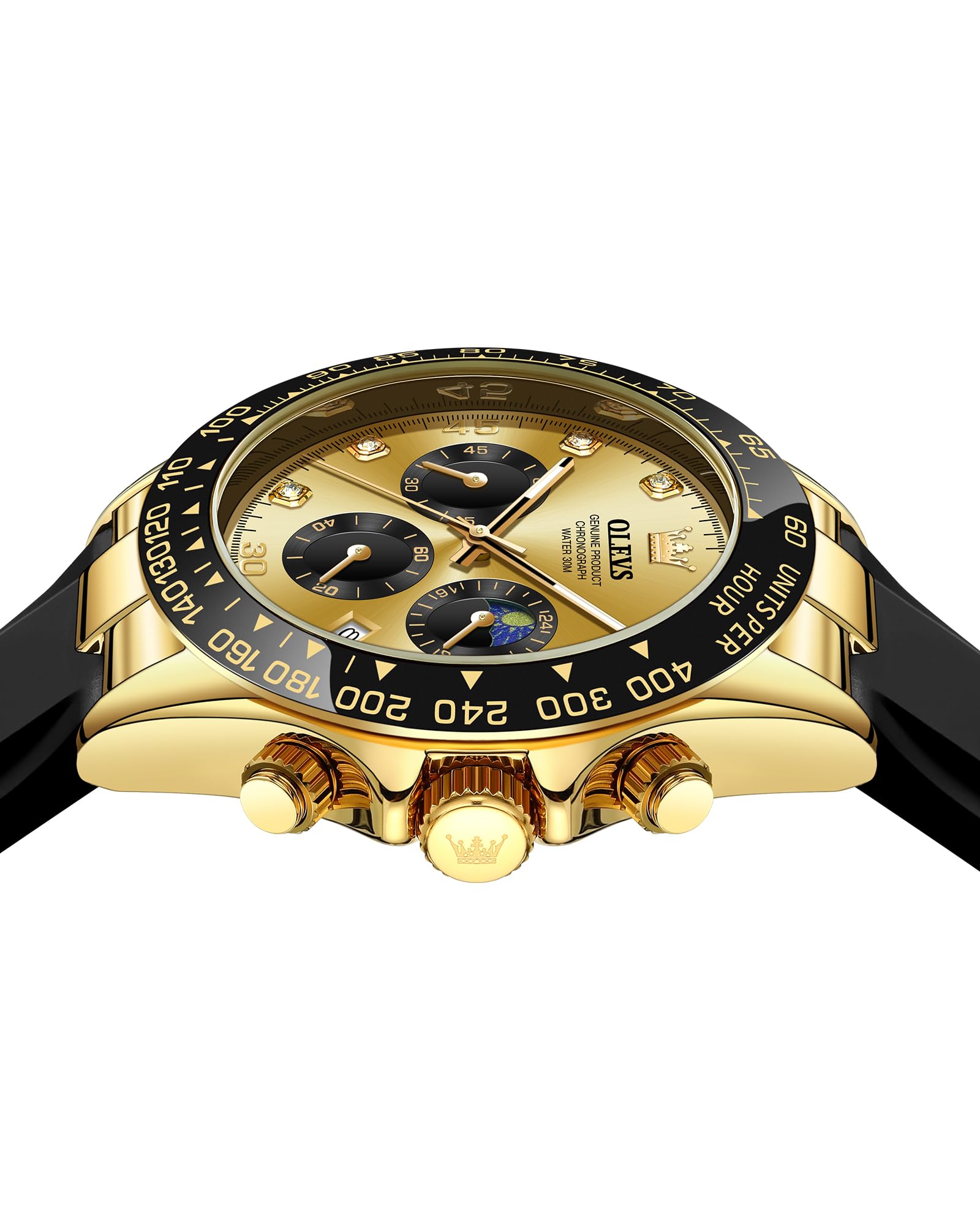 OLEVS Men Analog Quartz Waterproof Watches Multifunction Chronograph Diamond Moon Phase Luminous Silicone Band Wrist Watches