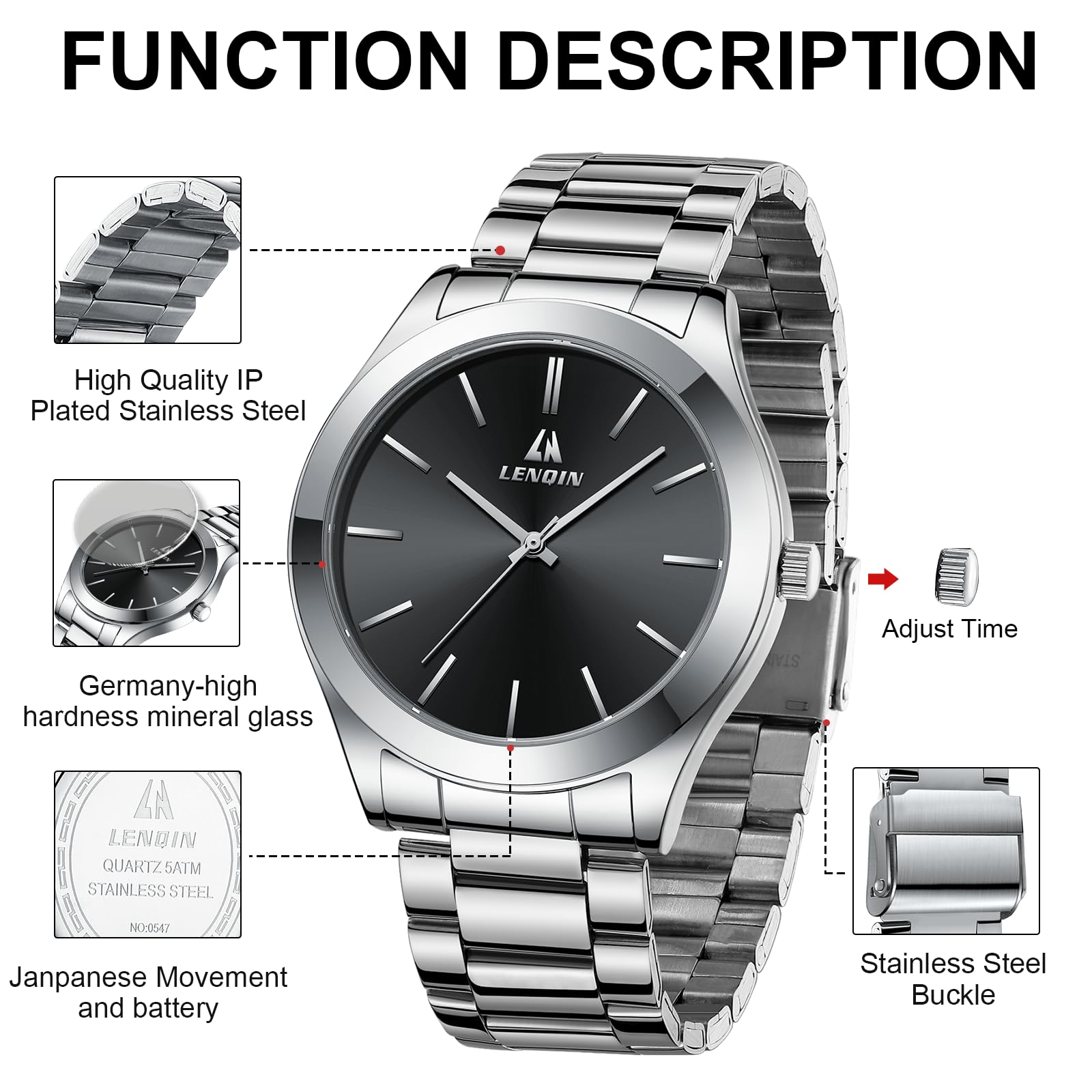 LN LENQIN Mens Watches Waterproof Stainless Steel Watch for Men Analog Quartz Fashion Business Designer Wristwatch