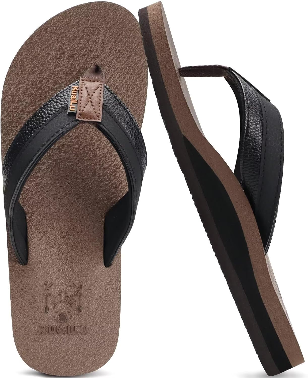 KuaiLu Men's Yoga Mat Leather Flip Flops with Arch Support Comfortable Cushion Walking Thong Sandals Slip On Indoor Outdoor