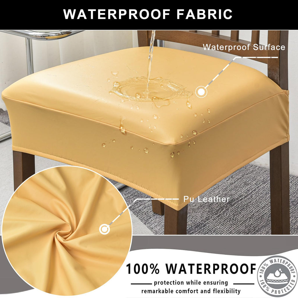 NILUOH Waterproof Seat Covers for Dining Room Chairs Set of 6, Pu Leather Chair Seat Slipcovers Dining Chair Cover Removable Washable Chair Protctor Cover, Rear Covers (PU-Coffee)
