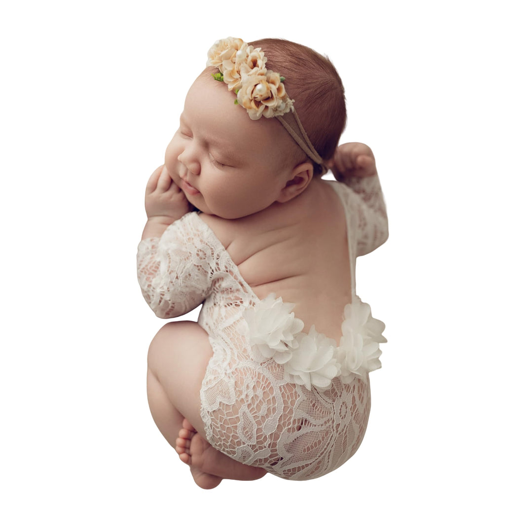 Newborn Lace Romper, 2 PCS Baby Girl Photography Props, Newborn Girl Photography Outfits with Flower Headband for Infants