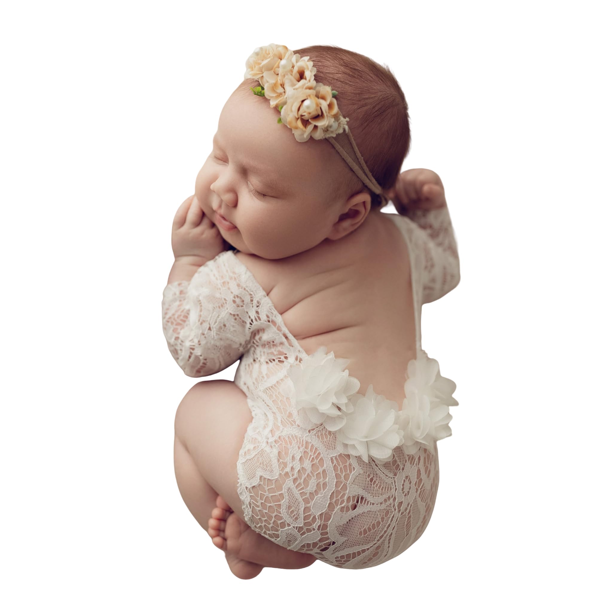 Newborn Lace Romper, 2 PCS Baby Girl Photography Props, Newborn Girl Photography Outfits with Flower Headband for Infants
