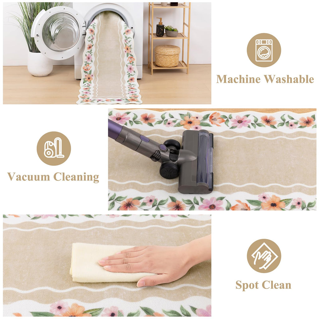 Vaukki Boho Kitchen Rug Sets 3 Pieces, Washable Kitchen Mats for Floor, Non Slip Soft Kitchen Area Rug Floor Mat for Kitchen, Laundry Room and Hallway (Grey and Beige, 20''x32''+20''x47''+20''x59'')