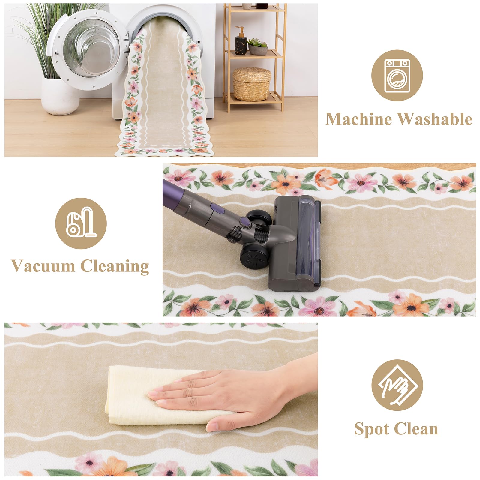 Vaukki Boho Kitchen Rug Sets 3 Pieces, Washable Kitchen Mats for Floor, Non Slip Soft Kitchen Area Rug Floor Mat for Kitchen, Laundry Room and Hallway (Grey and Beige, 20''x32''+20''x47''+20''x59'')