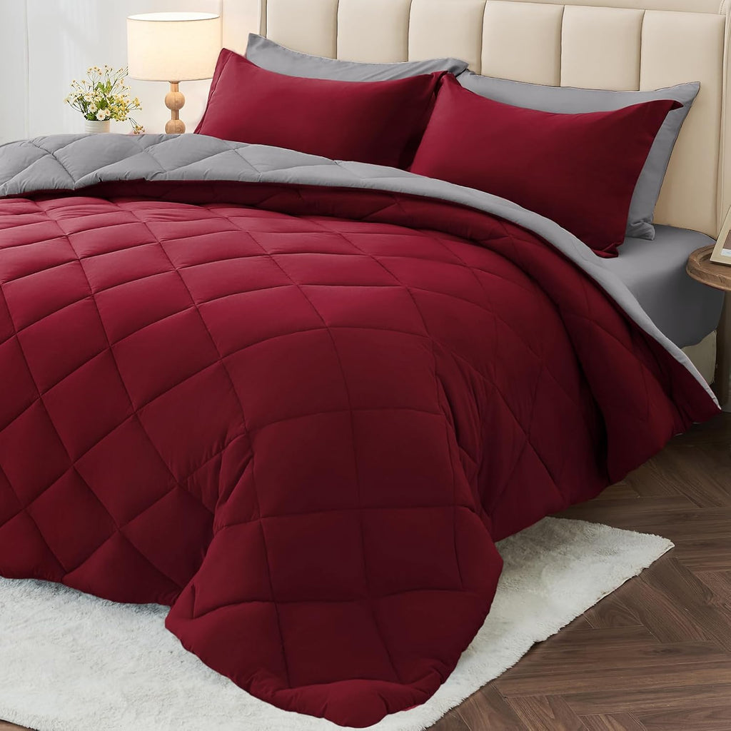 MUXHOMO 7 Pieces King Comforter Set, Reversible Bed in a Bag King Size, All Season Bedding Set with Comforter, Flat Sheet, Fitted Sheet, Pillowcases & Shams, Red & Black