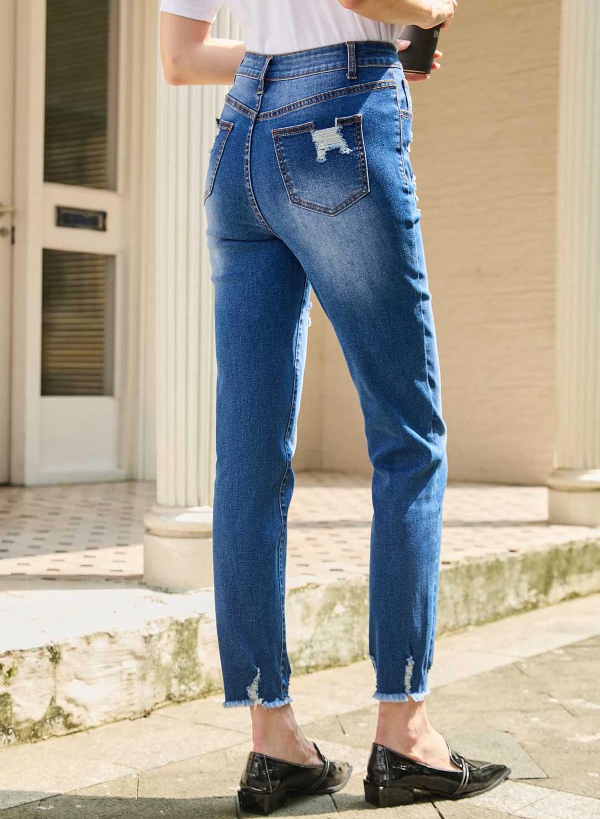 EVALESS Women's High Waisted Tummy Control Straight Ankle Ripped Jeans