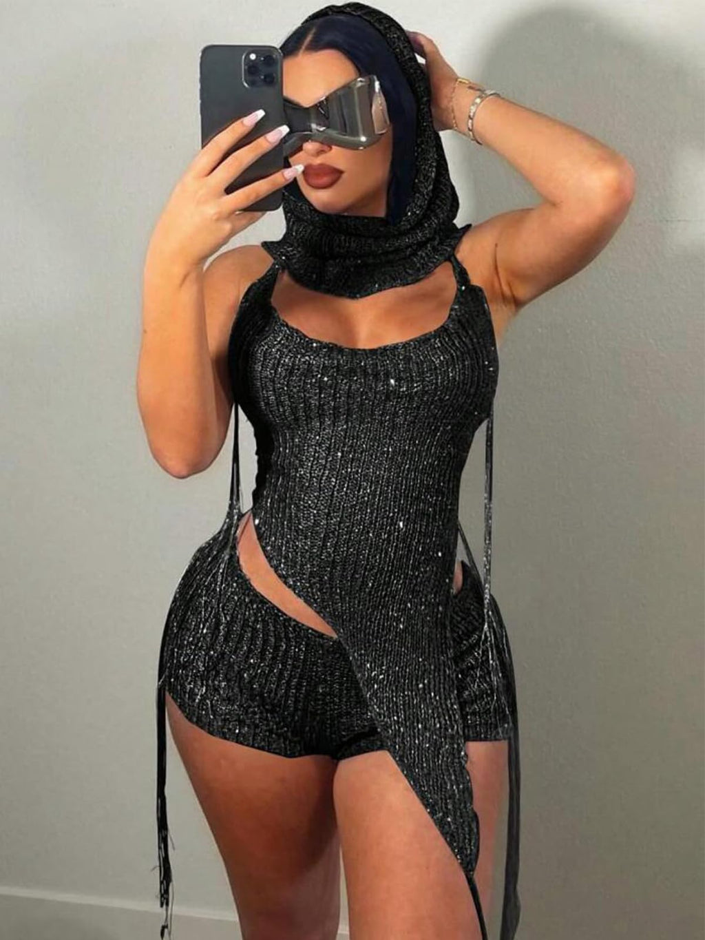 KANSOON Sexy Two Piece Outfits for Women Sequin Knit Backless Irregular Halter Top Crochet Shorts Set with Matching Rave Hood