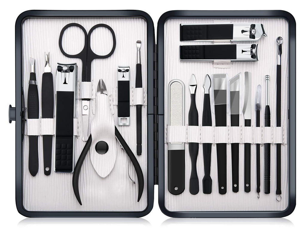 Professional Stainless Steel Nail Clipper Travel & Grooming Kit Nail Tools Manicure & Pedicure Set of 15pcs with Luxurious Case (Black/Yellow)