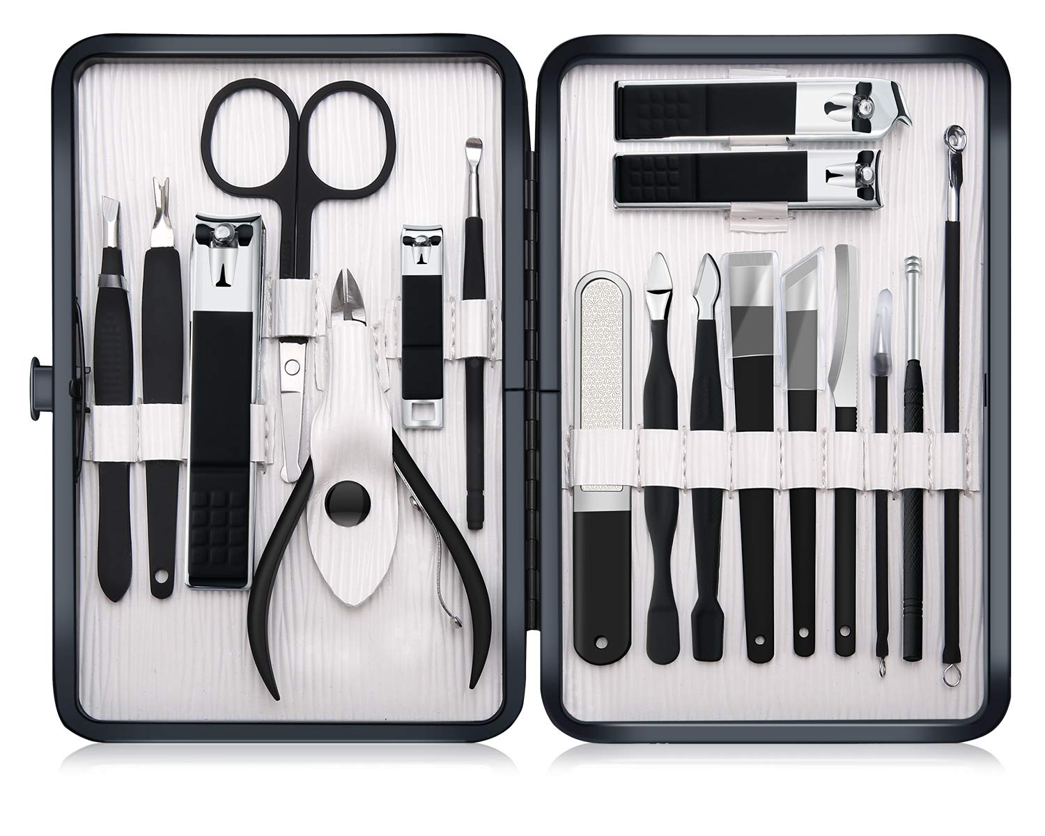 Professional Stainless Steel Nail Clipper Travel & Grooming Kit Nail Tools Manicure & Pedicure Set of 15pcs with Luxurious Case (Black/Yellow)