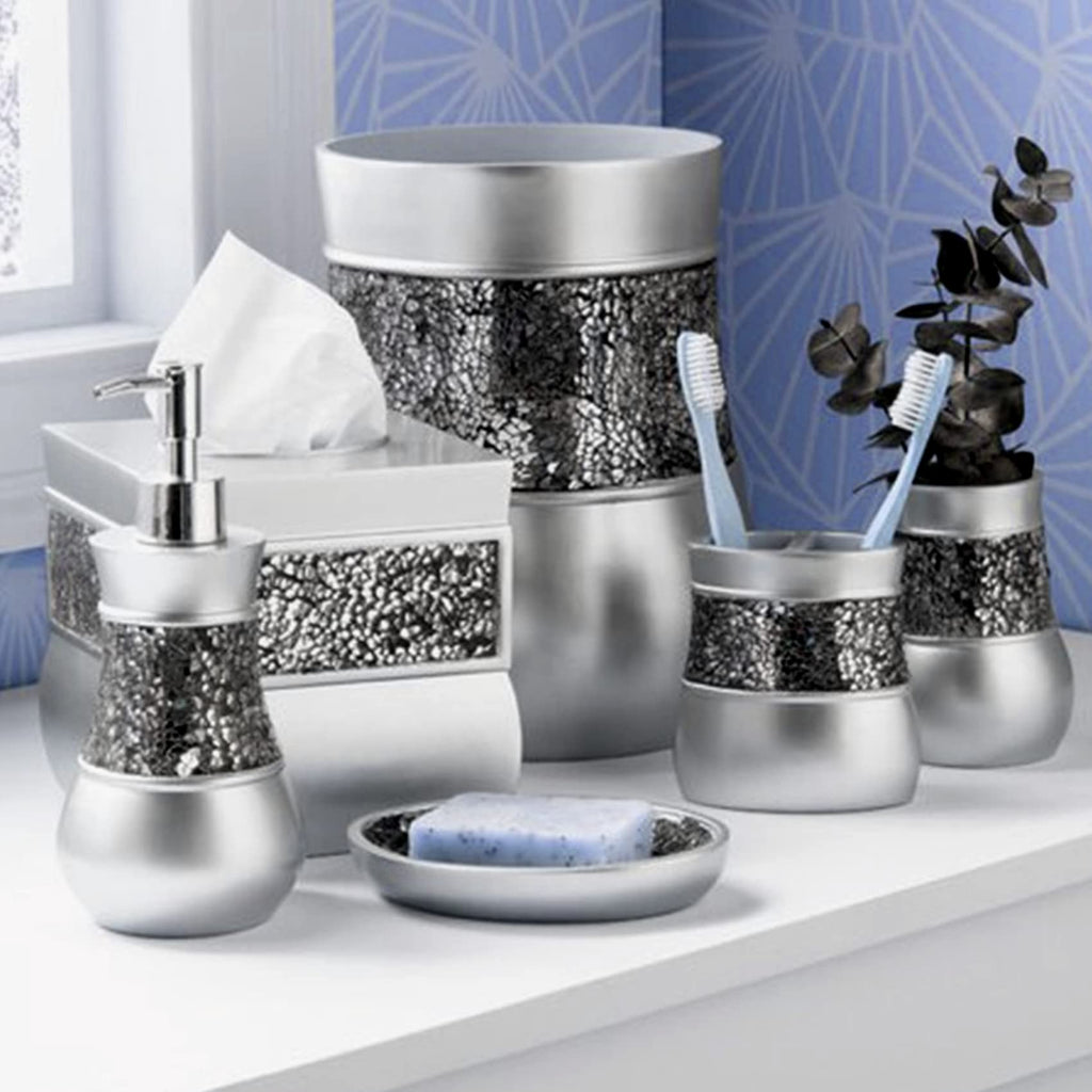 Creative Scents Crackled Glass Silver Bathroom Accessory Set – 4-Piece Vanity Set Includes: Lotion Soap Dispenser, Toothbrush Holder, Tumbler, and Soap Dish