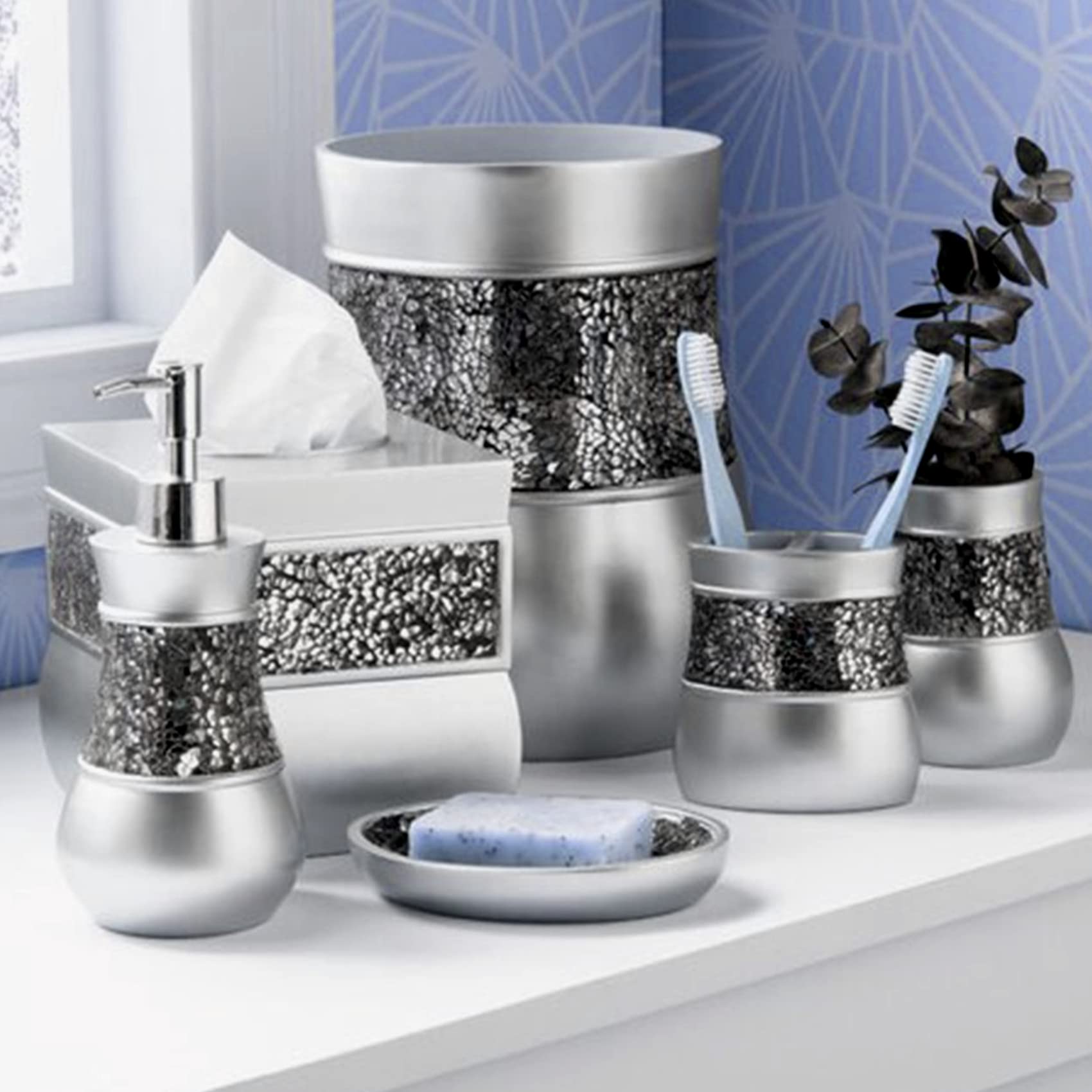 Creative Scents Crackled Glass Silver Bathroom Accessory Set – 4-Piece Vanity Set Includes: Lotion Soap Dispenser, Toothbrush Holder, Tumbler, and Soap Dish