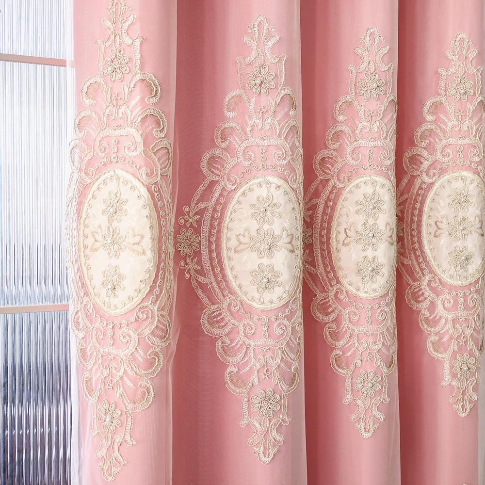 Amidoudou 1 Pair European Double Layer Curtains with Valances for Living Room Bedroom Luxury 3D Flower Embroidered Curtains (Yellow,52x96 Inch)