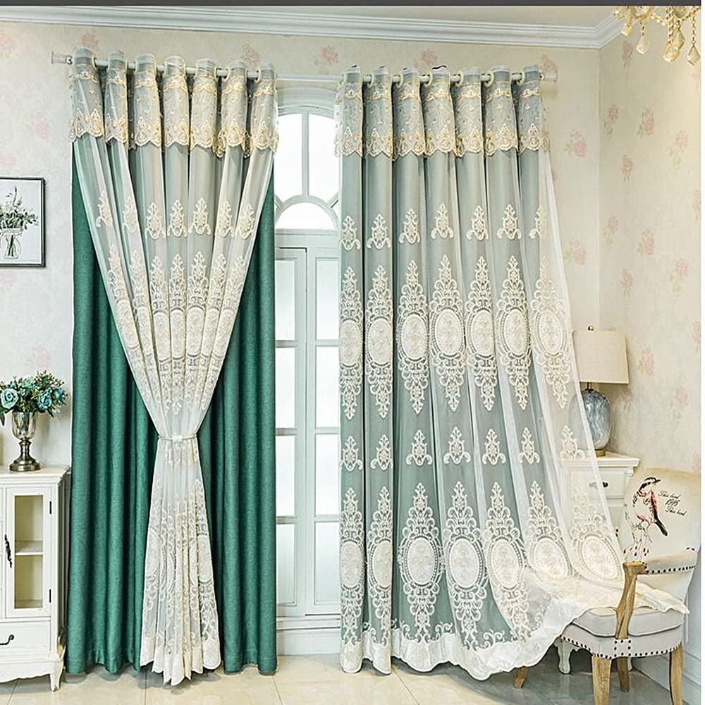 Amidoudou 1 Pair European Double Layer Curtains with Valances for Living Room Bedroom Luxury 3D Flower Embroidered Curtains (Yellow,52x96 Inch)