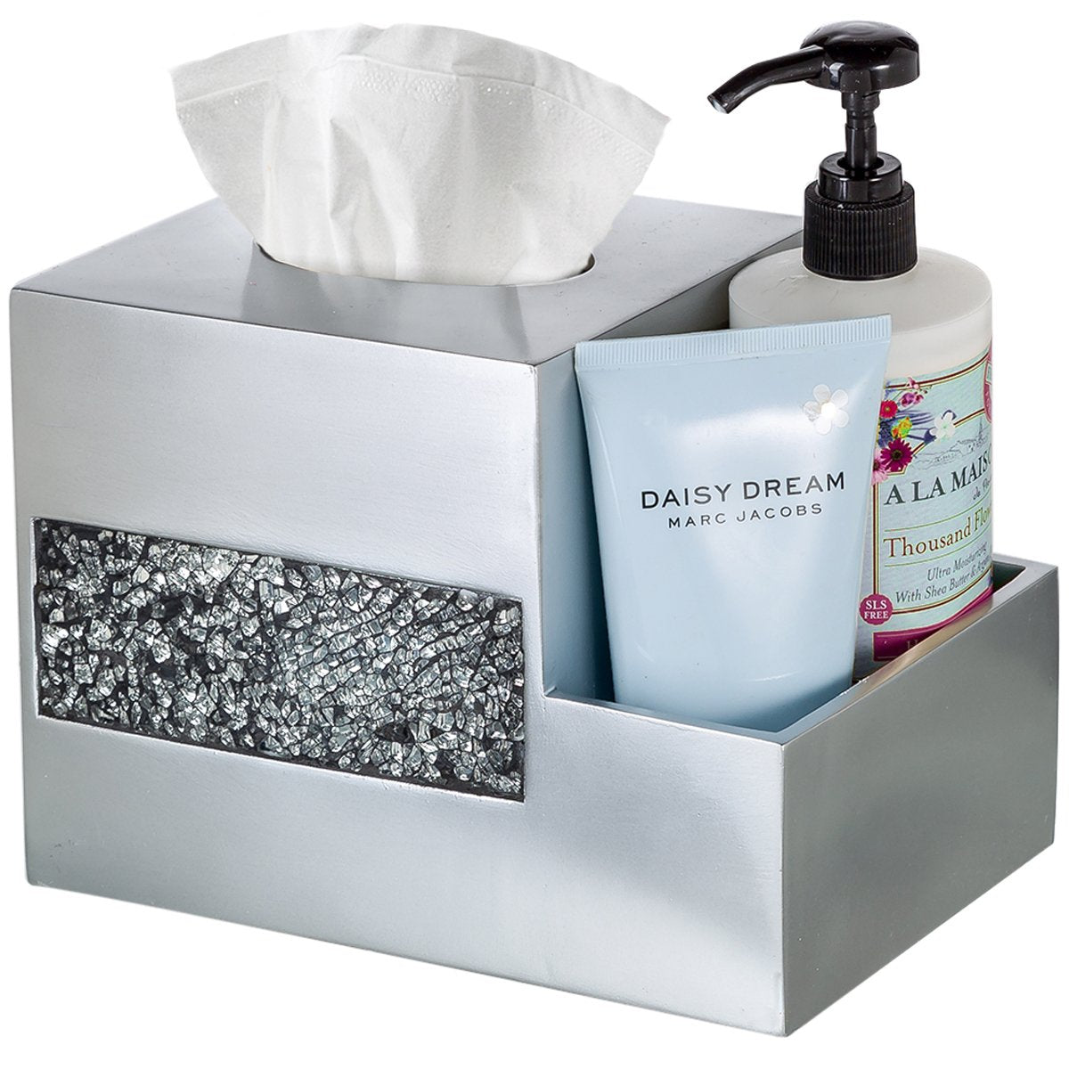Creative Scents Crackled Glass Silver Bathroom Accessory Set – 4-Piece Vanity Set Includes: Lotion Soap Dispenser, Toothbrush Holder, Tumbler, and Soap Dish