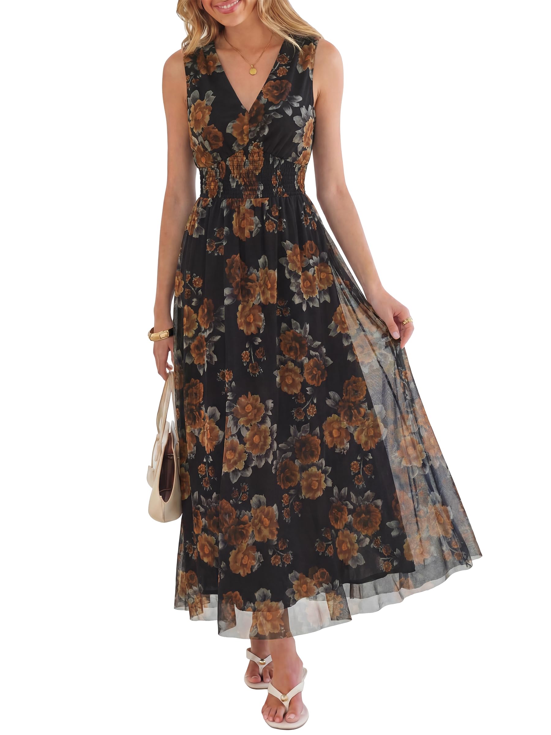 ANRABESS Womens Summer Floral Maxi Dress, A Line Tulle,Elegant for Wedding Guest & Beach Vacation,Flowy Casual Boho Outfits
