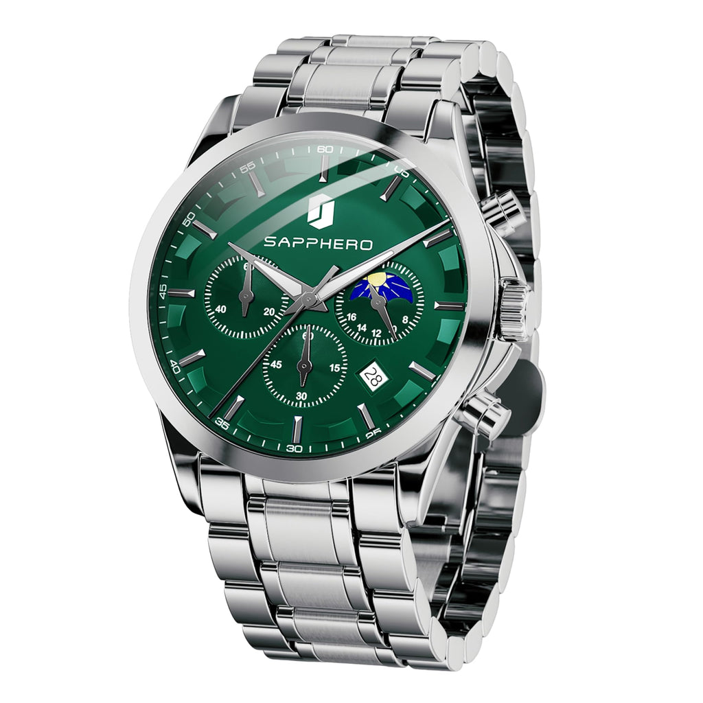 SAPPHERO Chronograph Watches for Men, Original Business Casual Stainless Steel Analog Watch 50M Waterproof Luminous Watches with Date Dial, Mens Gift