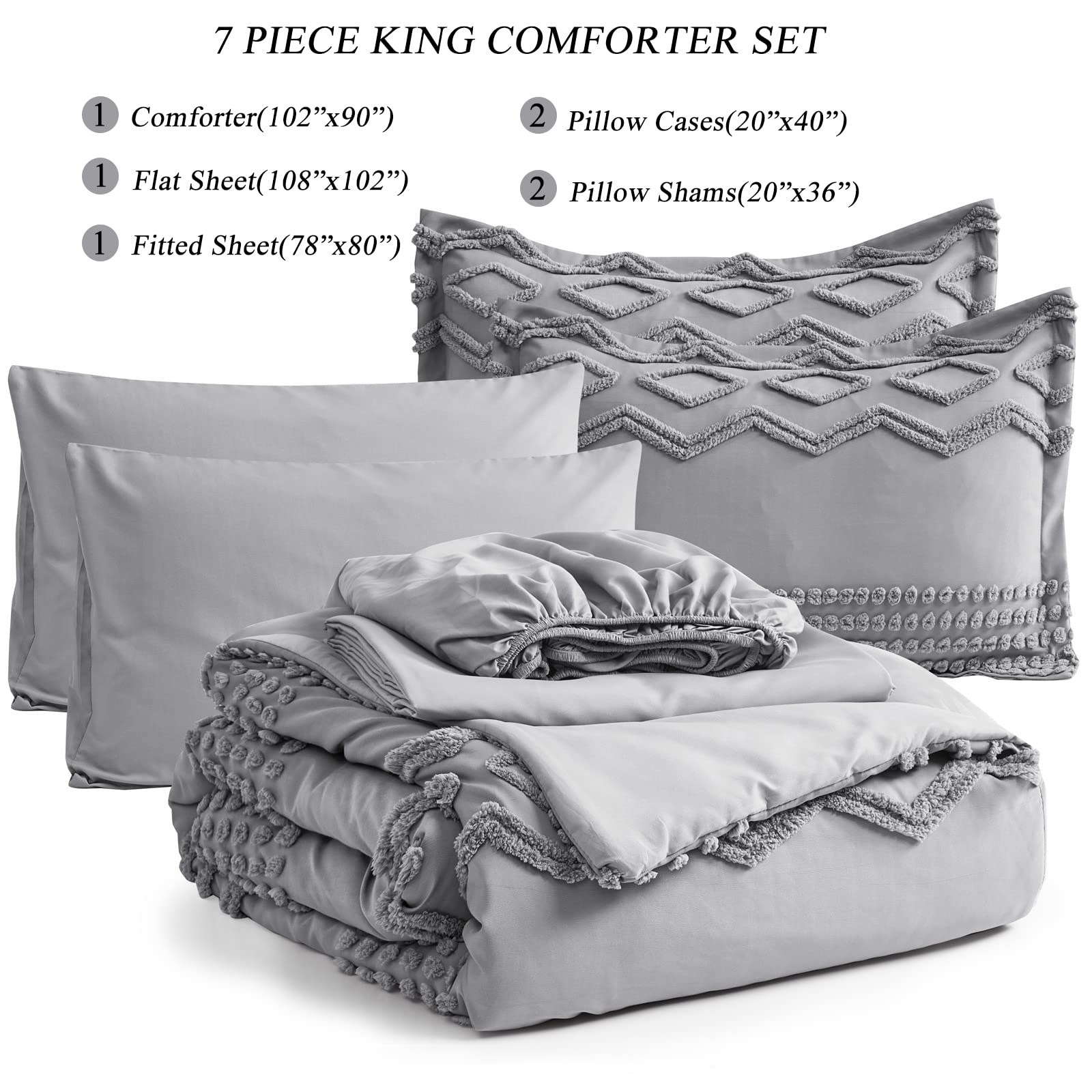 KAKIJUMN Grey Tufted Comforter Set King Size 7 Piece Bed in a Bag, Shabby Chic Boho Comforter and Sheet Set, Pom Pom Textured Bed Set, All Season Soft Microfiber Complete Bedding Set(Grey,King)
