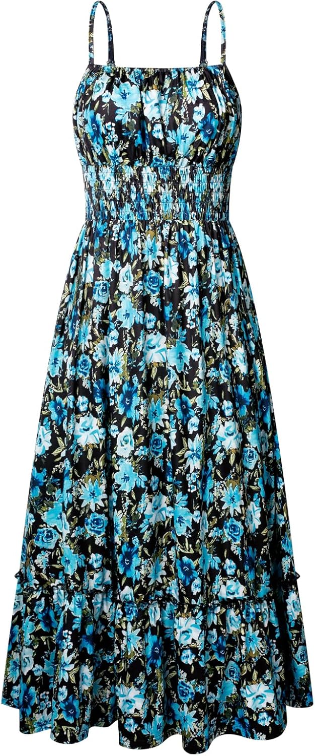 GRACE KARIN Summer Dresses for Women 2026 Vacation,Smocked Floral Maxi Dress,Boho Beach Sundress with Pocket Fashion Clothing