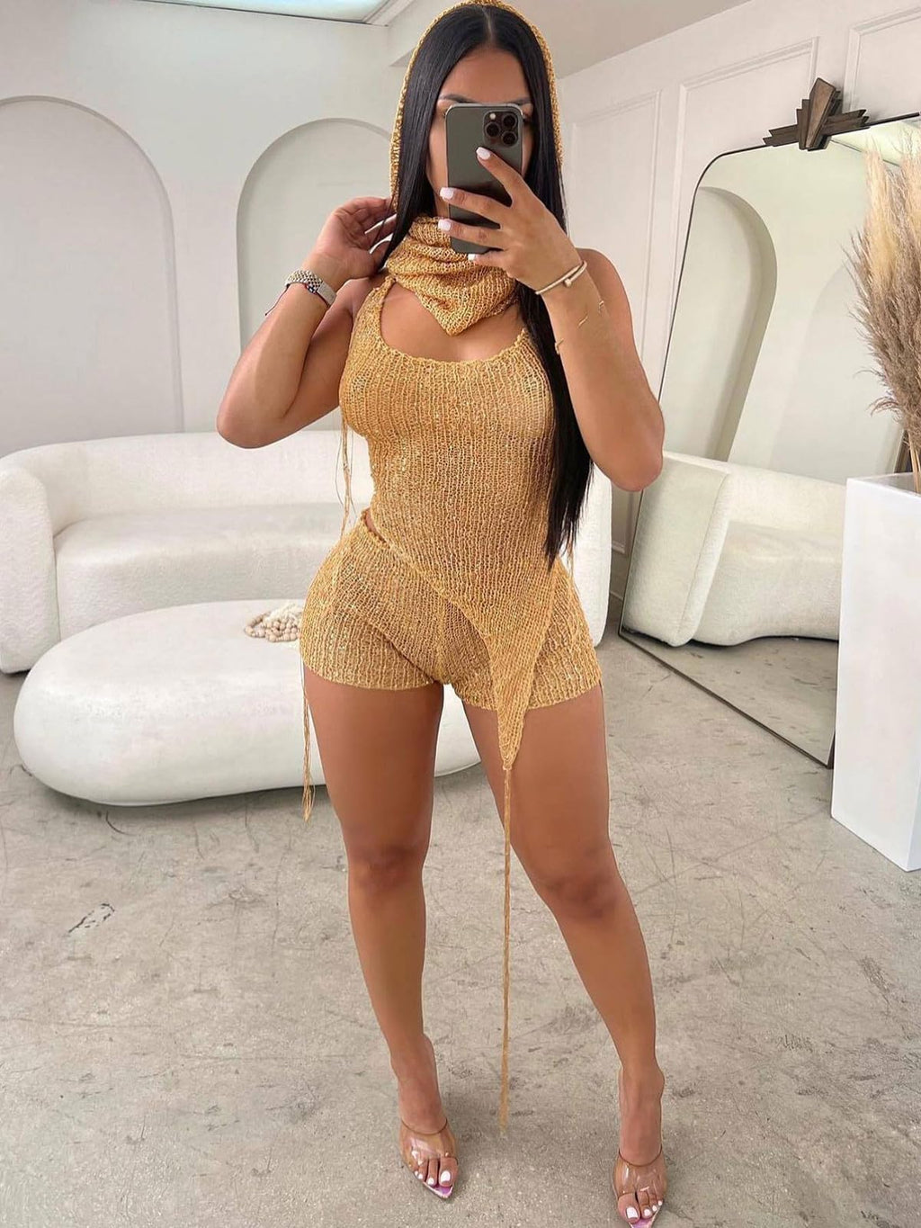 KANSOON Sexy Two Piece Outfits for Women Sequin Knit Backless Irregular Halter Top Crochet Shorts Set with Matching Rave Hood