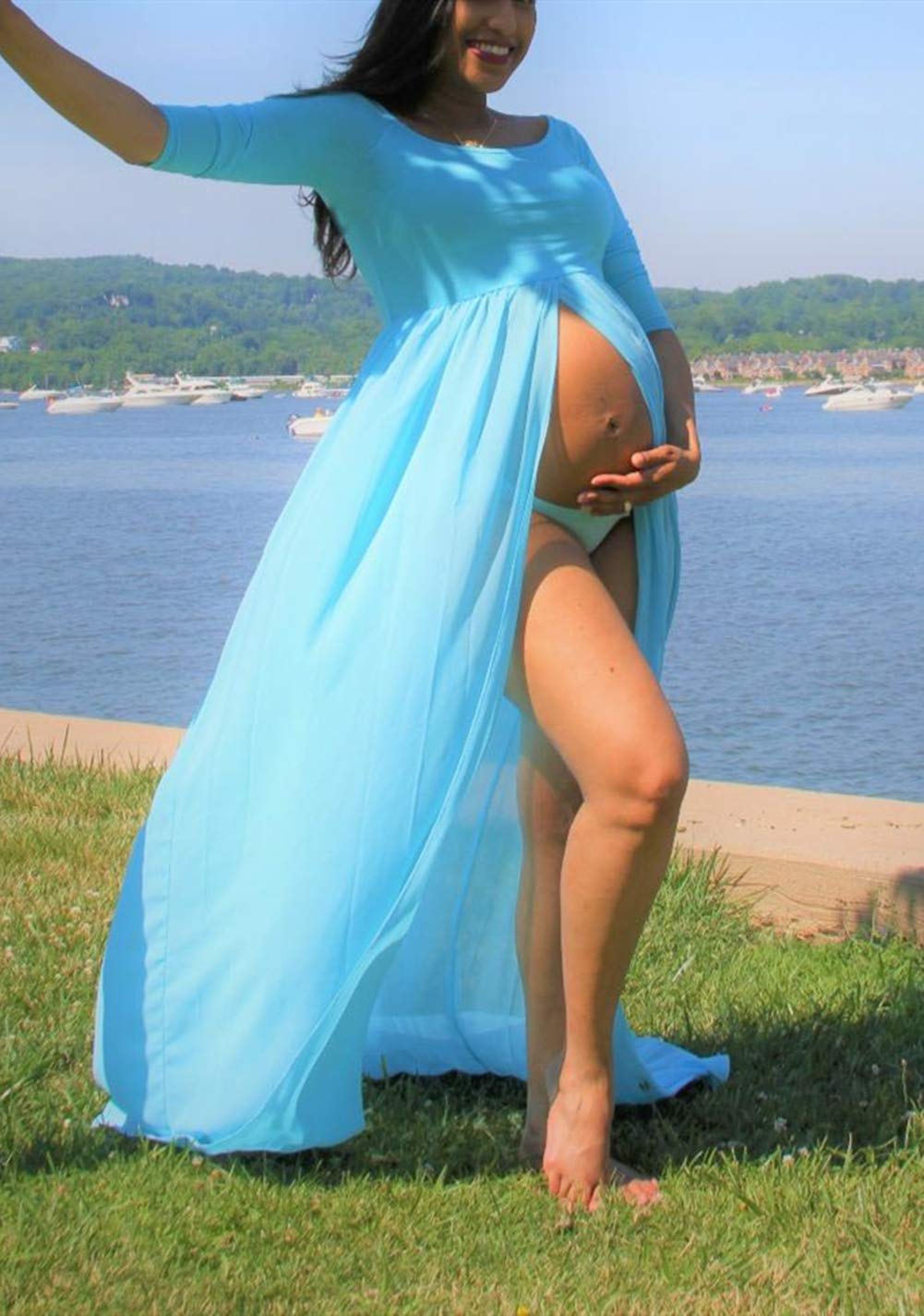 ZIUMUDY Maternity Maxi Chiffon Photography Dress Split Front Gown for Photoshoot