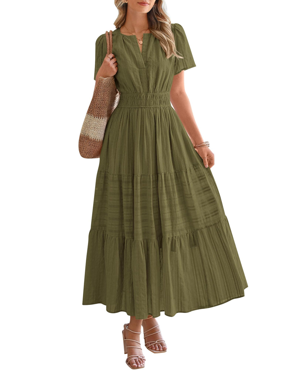 BTFBM Womens Summer 2026 Casual Midi Maxi Dresses Lightweight Short Sleeve V Neck Elastic Waist Boho Beach Dress Pockets
