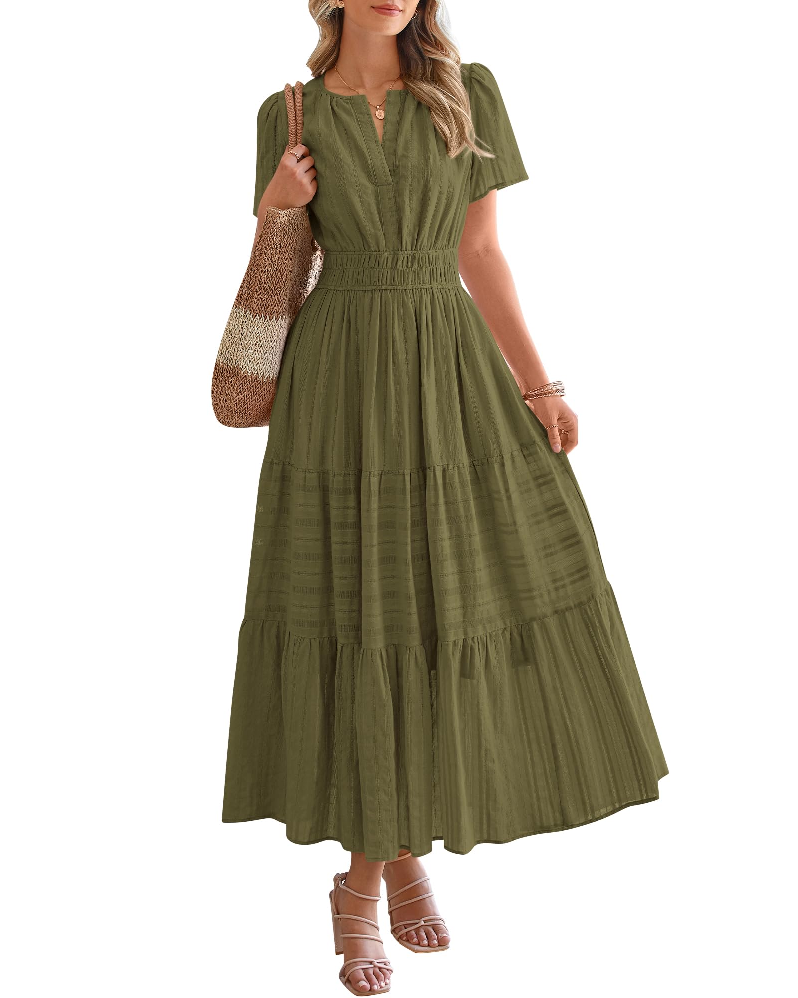 BTFBM Womens Summer 2026 Casual Midi Maxi Dresses Lightweight Short Sleeve V Neck Elastic Waist Boho Beach Dress Pockets
