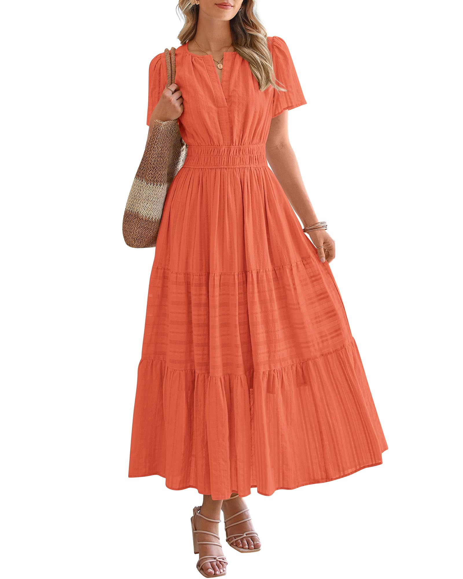 BTFBM Womens Summer 2026 Casual Midi Maxi Dresses Lightweight Short Sleeve V Neck Elastic Waist Boho Beach Dress Pockets