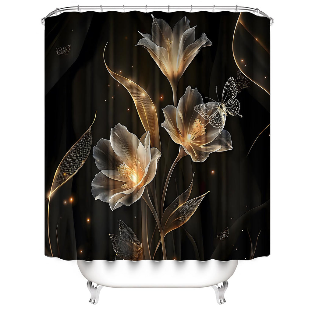 AZHM 4PCS Lotus Shower Curtain Set Black and Gold Flower Bathroom Decor Sets with Shower Curtain and Rugs and Accessories with 12 Hooks for Toilet