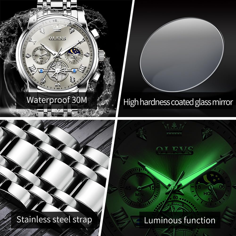 OLEVS Watches Men Waterproof Luxury Big Face Mens Watch Stainless Steel Quartz Analog Dress Watches for Men Luminous Multifunction Man Watch Relojes De Hombre