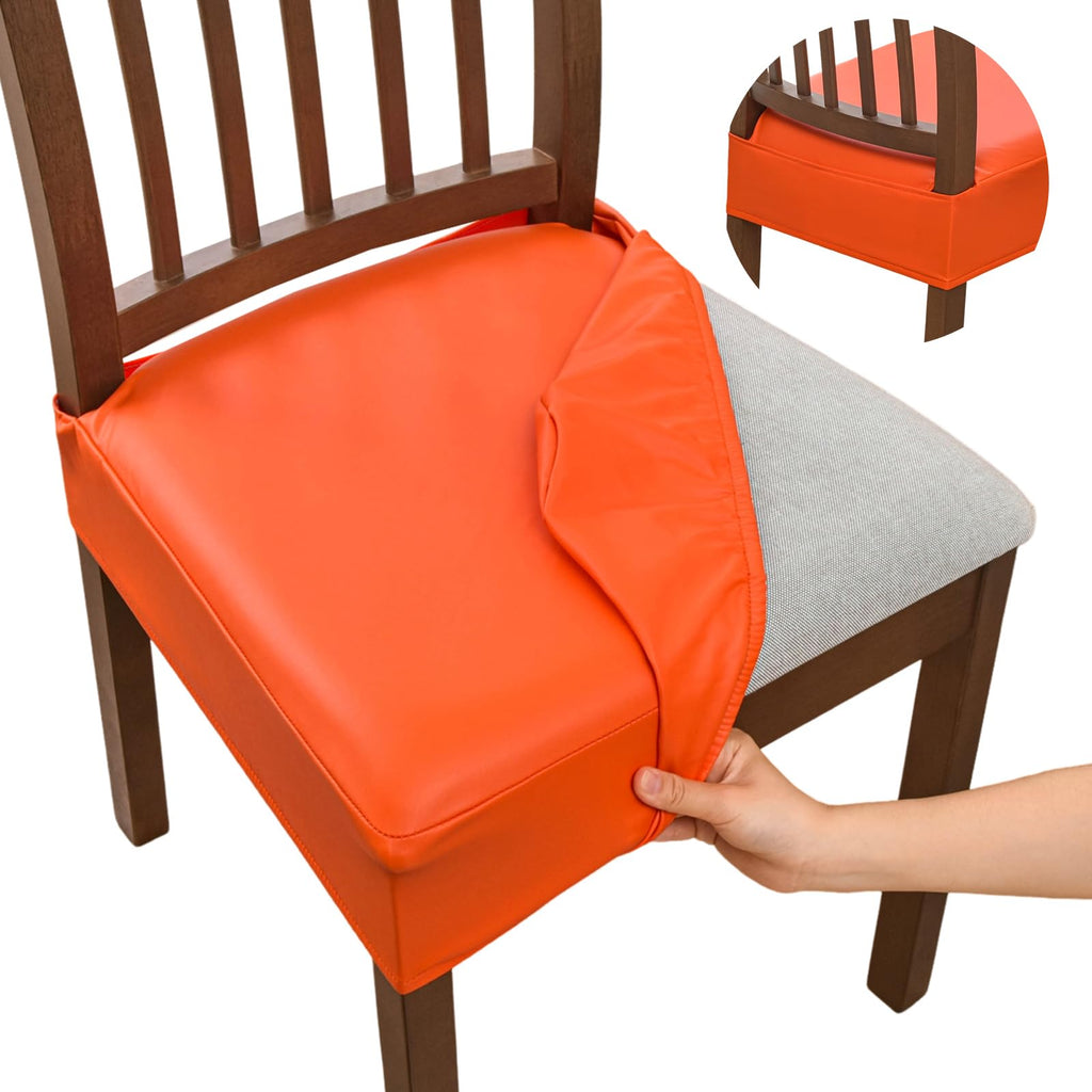 NILUOH Waterproof Seat Covers for Dining Room Chairs Set of 6, Pu Leather Chair Seat Slipcovers Dining Chair Cover Removable Washable Chair Protctor Cover, Rear Covers (PU-Coffee)