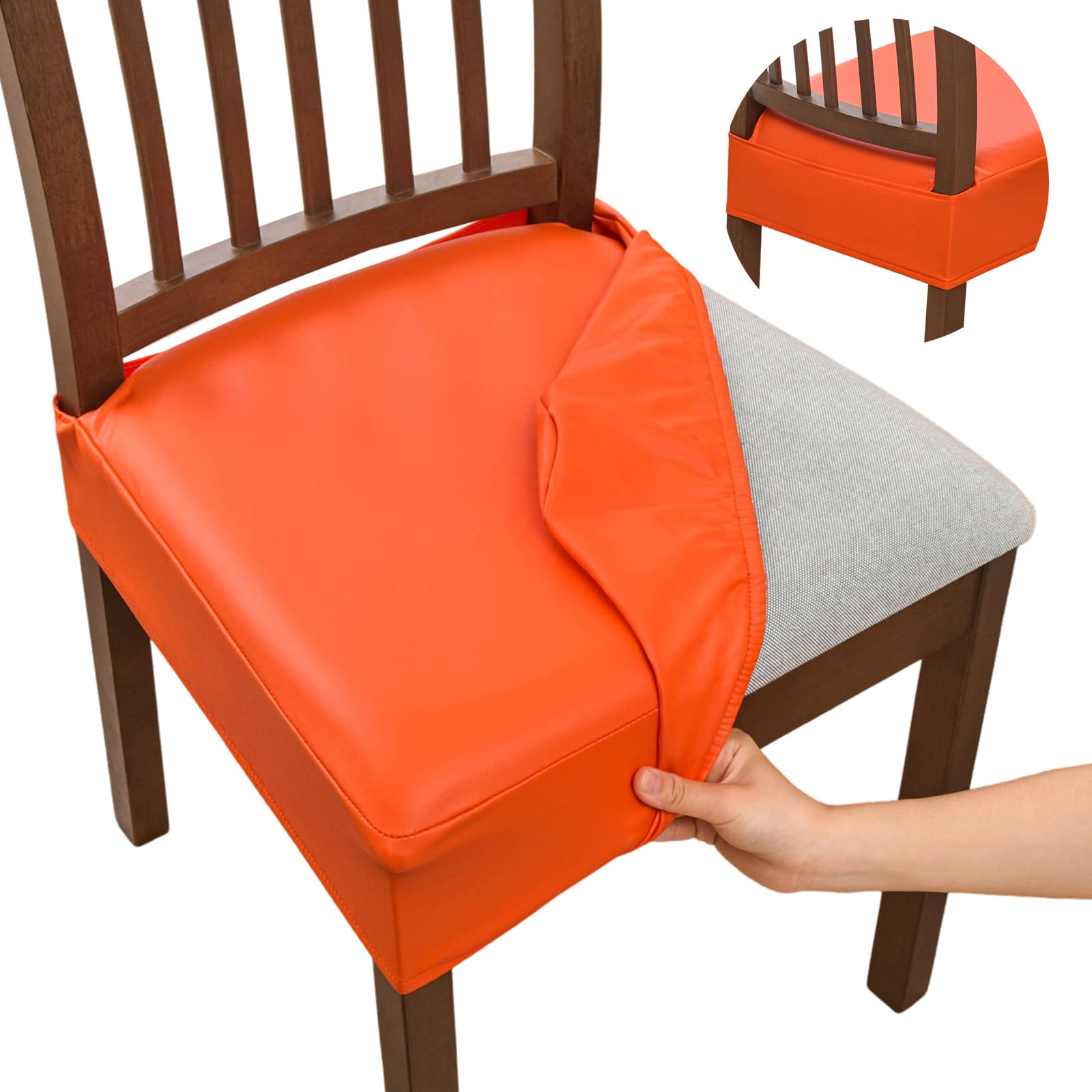 NILUOH Waterproof Seat Covers for Dining Room Chairs Set of 6, Pu Leather Chair Seat Slipcovers Dining Chair Cover Removable Washable Chair Protctor Cover, Rear Covers (PU-Coffee)