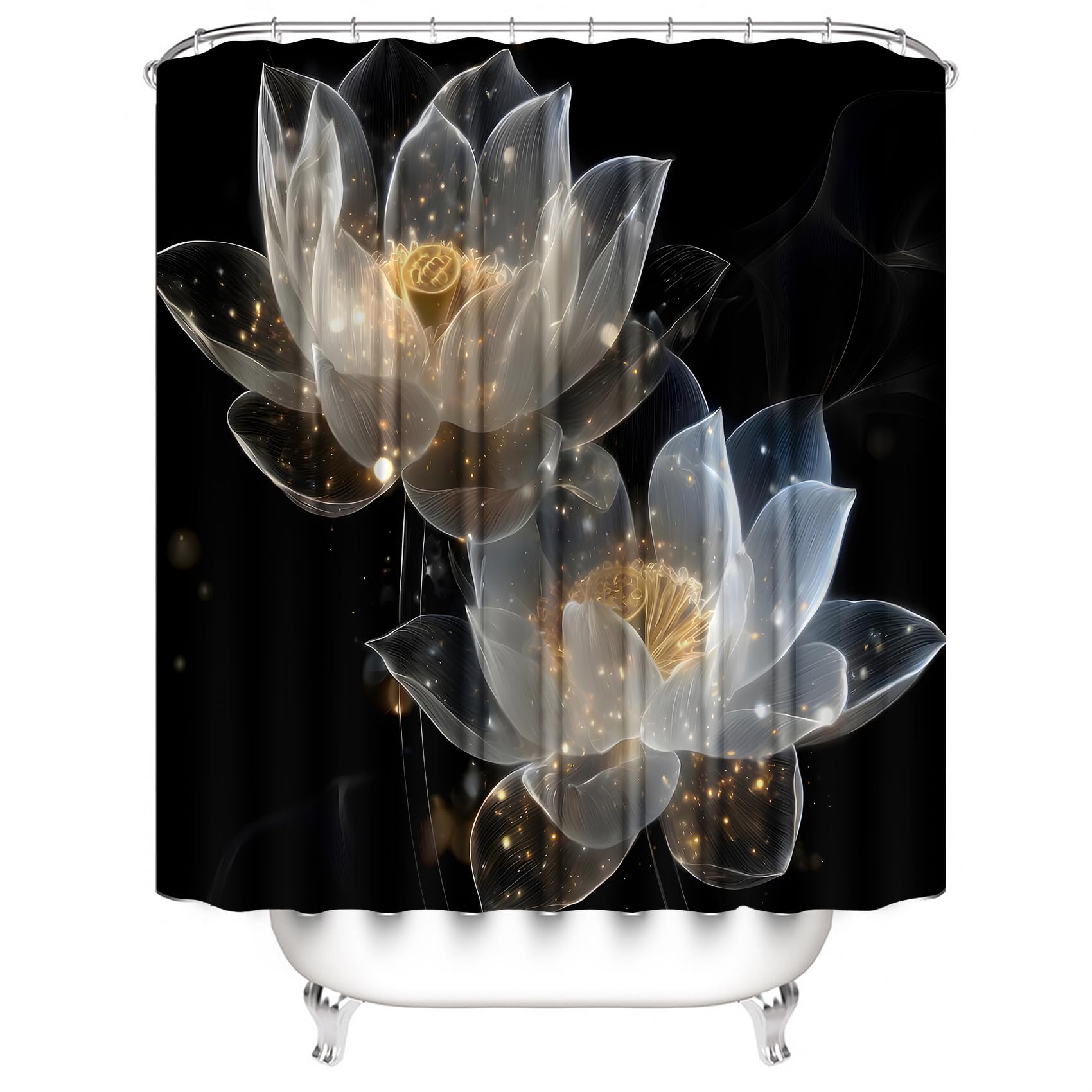 AZHM 4PCS Lotus Shower Curtain Set Black and Gold Flower Bathroom Decor Sets with Shower Curtain and Rugs and Accessories with 12 Hooks for Toilet