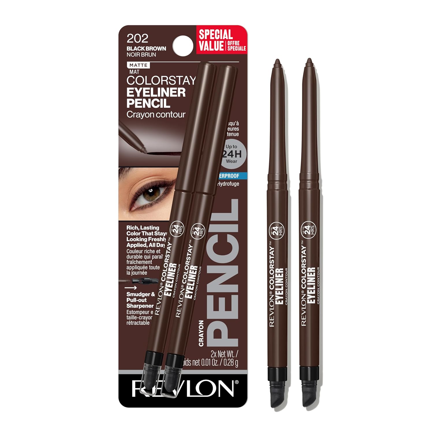 Revlon ColorStay Pencil Waterproof Eyeliner, Smudge-Proof, Eye Makeup with Built-In Sharpener, Long-Lasting, Matte Finish, 201 Black, 2 pack