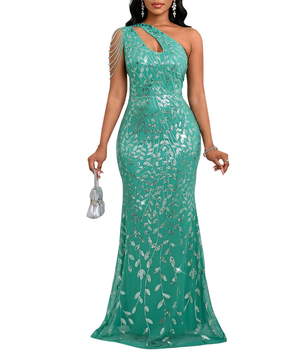 Cololura Women Sequin Elegant Sexy One Shoulder Tassel Mermaid Bodycon Cocktail Evening Dress
