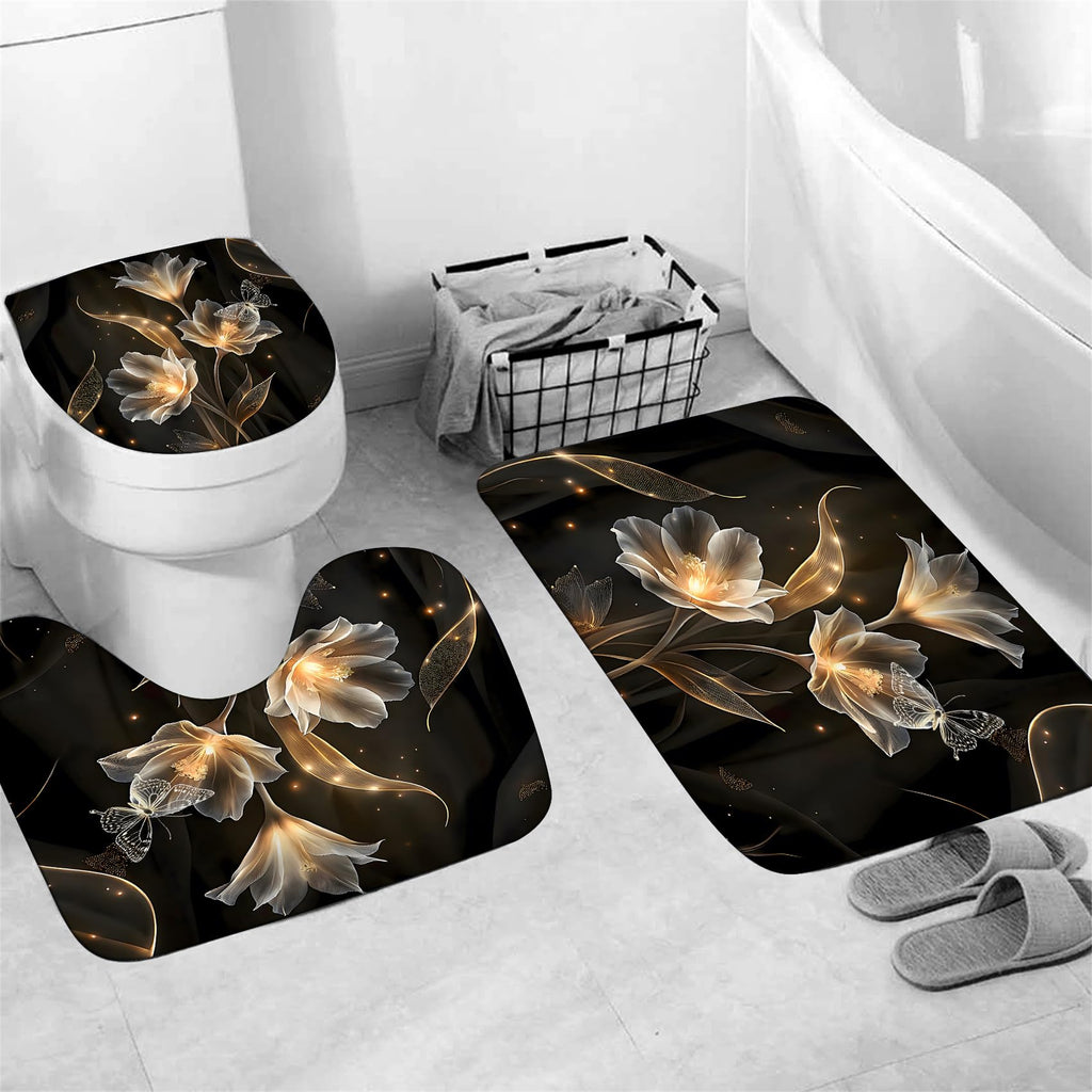 AZHM 4PCS Lotus Shower Curtain Set Black and Gold Flower Bathroom Decor Sets with Shower Curtain and Rugs and Accessories with 12 Hooks for Toilet