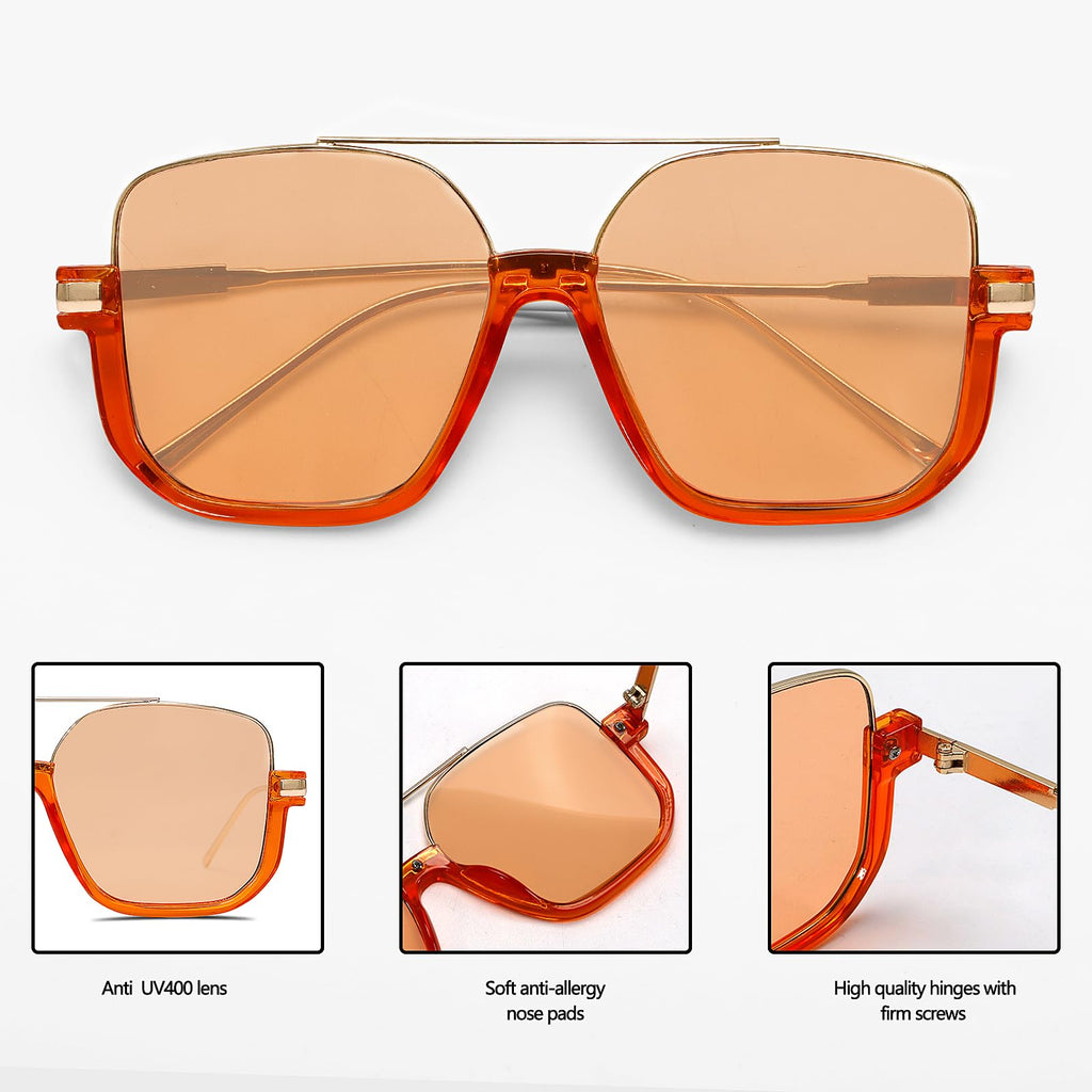 GUVIVI Retro Oversized Aviator Sunglasses for Women Men Square Double Bridge Pilot Sun Glasses 70s Trendy Shades