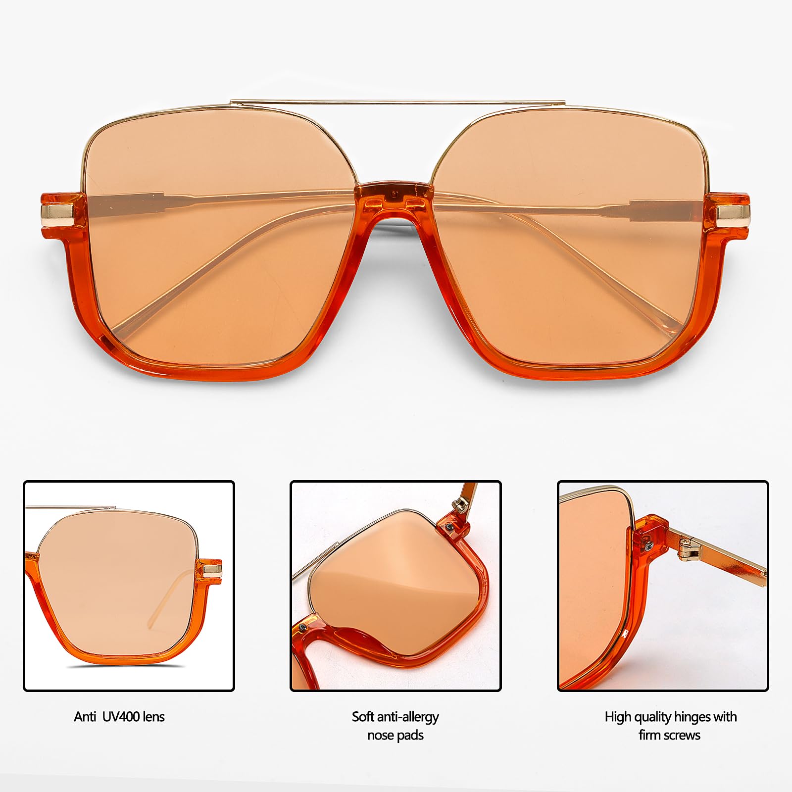 GUVIVI Retro Oversized Aviator Sunglasses for Women Men Square Double Bridge Pilot Sun Glasses 70s Trendy Shades