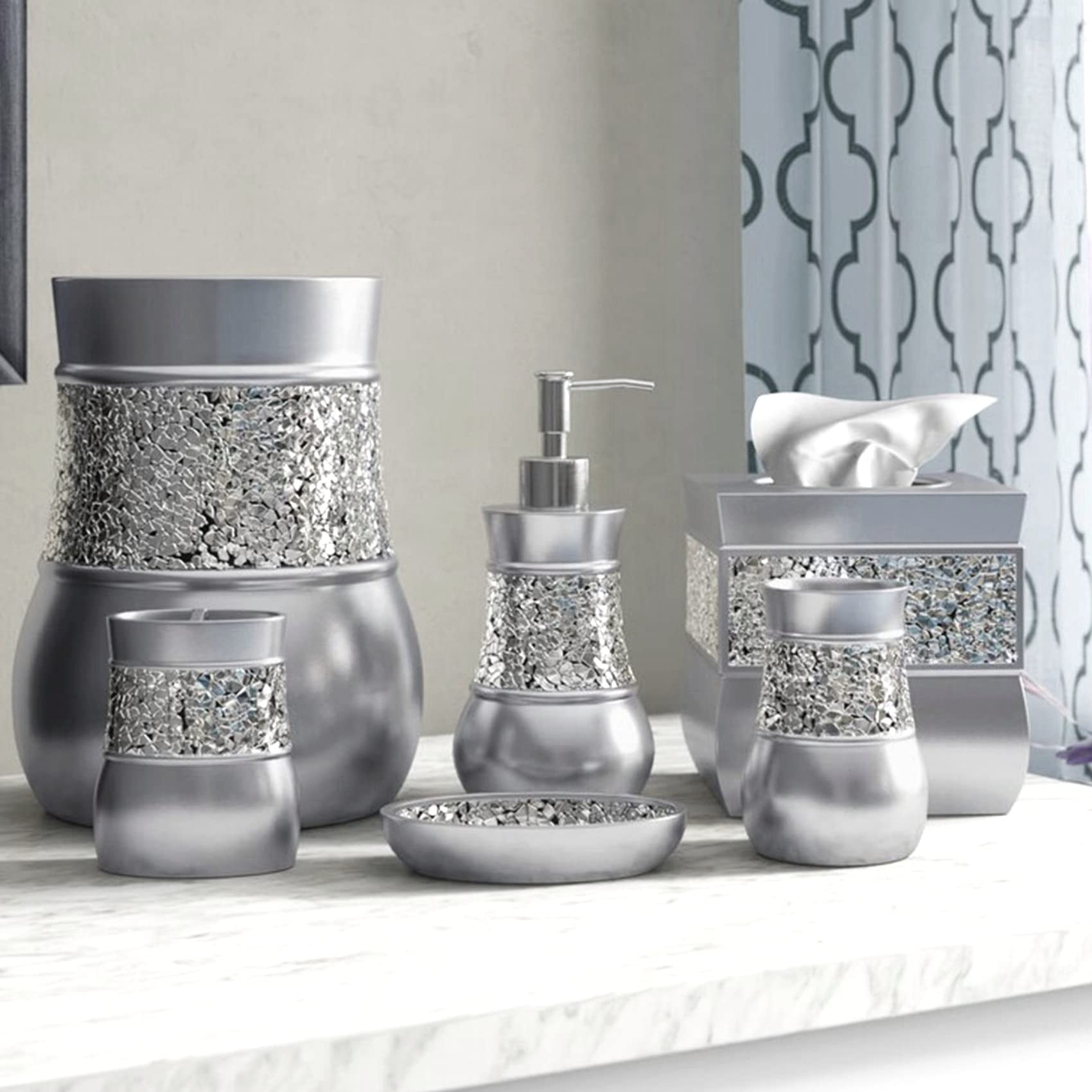 Creative Scents Crackled Glass Silver Bathroom Accessory Set – 4-Piece Vanity Set Includes: Lotion Soap Dispenser, Toothbrush Holder, Tumbler, and Soap Dish