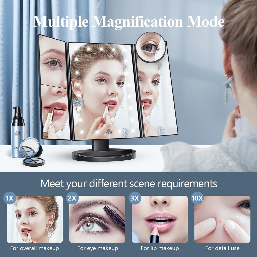 HUONUL Makeup Mirror, Vanity Mirror with Lights, 2X/3X/10X Magnification, Touch Control, Trifold, Dual Power Supply, Birthday Gifts for Women, Wife, Mom, Girls,Dorm Room Essentials