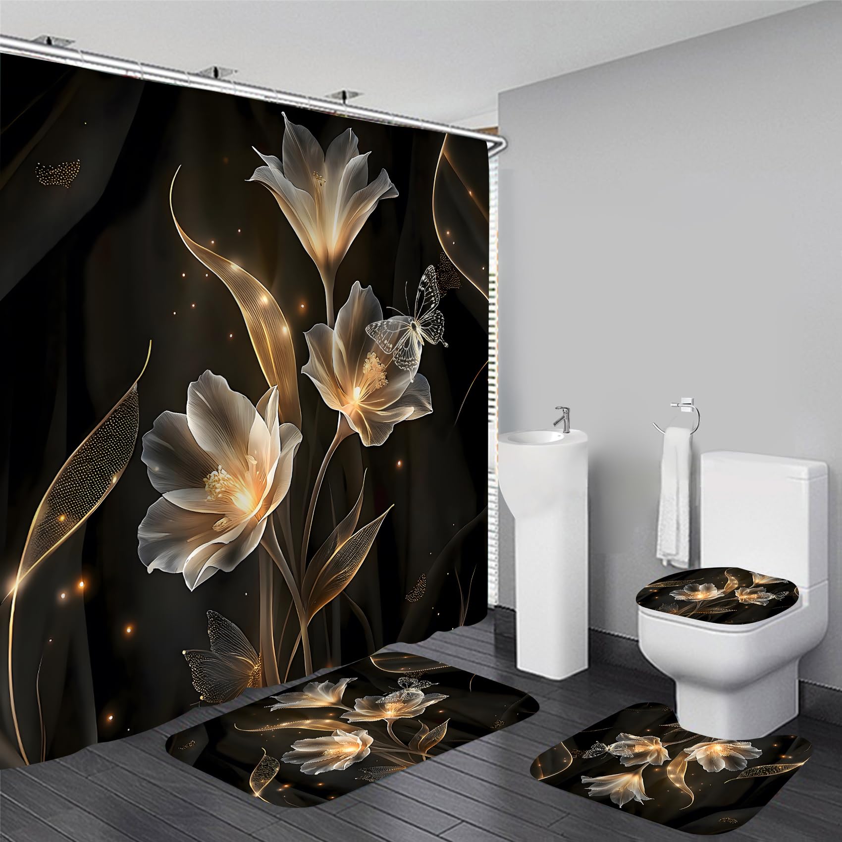 AZHM 4PCS Lotus Shower Curtain Set Black and Gold Flower Bathroom Decor Sets with Shower Curtain and Rugs and Accessories with 12 Hooks for Toilet