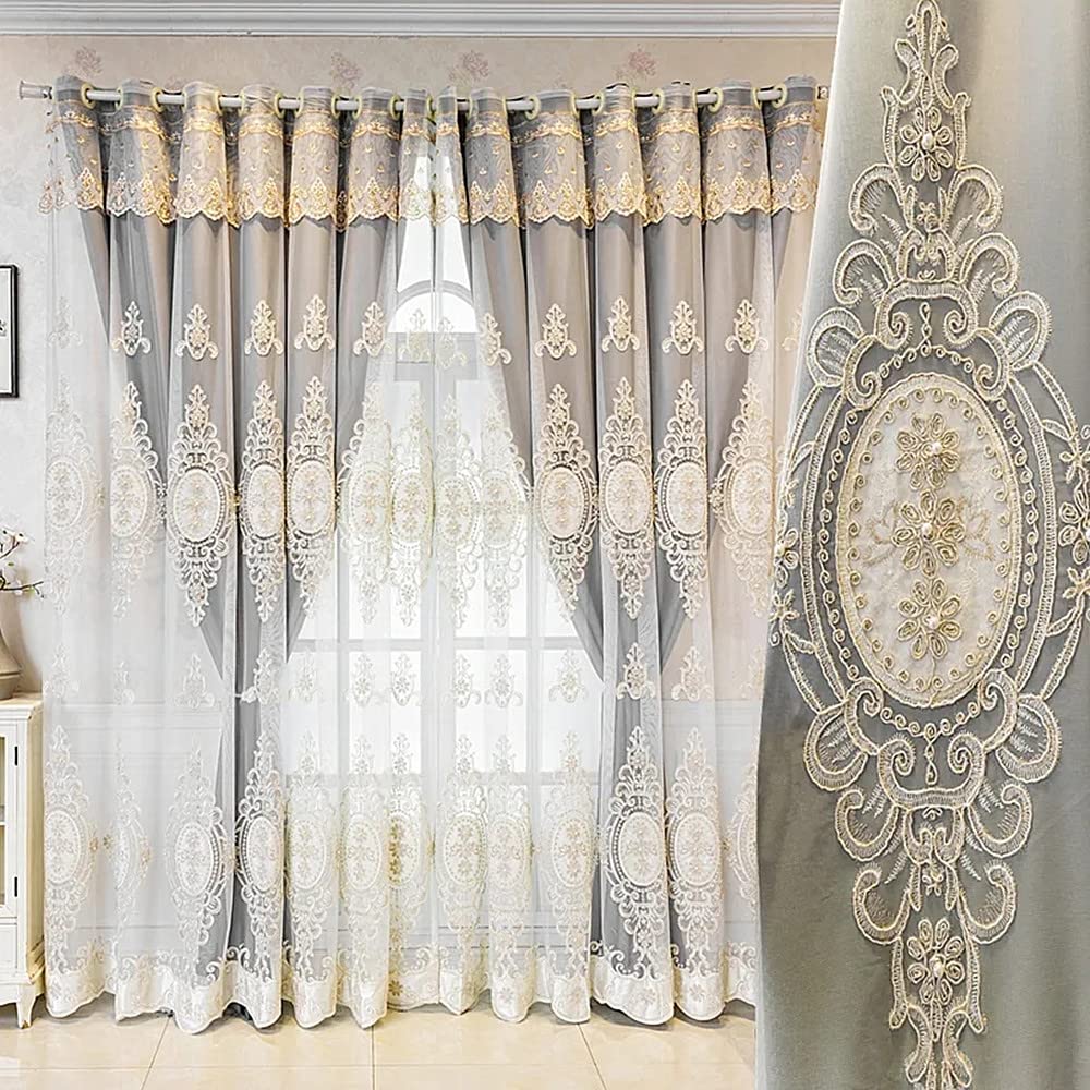 Amidoudou 1 Pair European Double Layer Curtains with Valances for Living Room Bedroom Luxury 3D Flower Embroidered Curtains (Yellow,52x96 Inch)