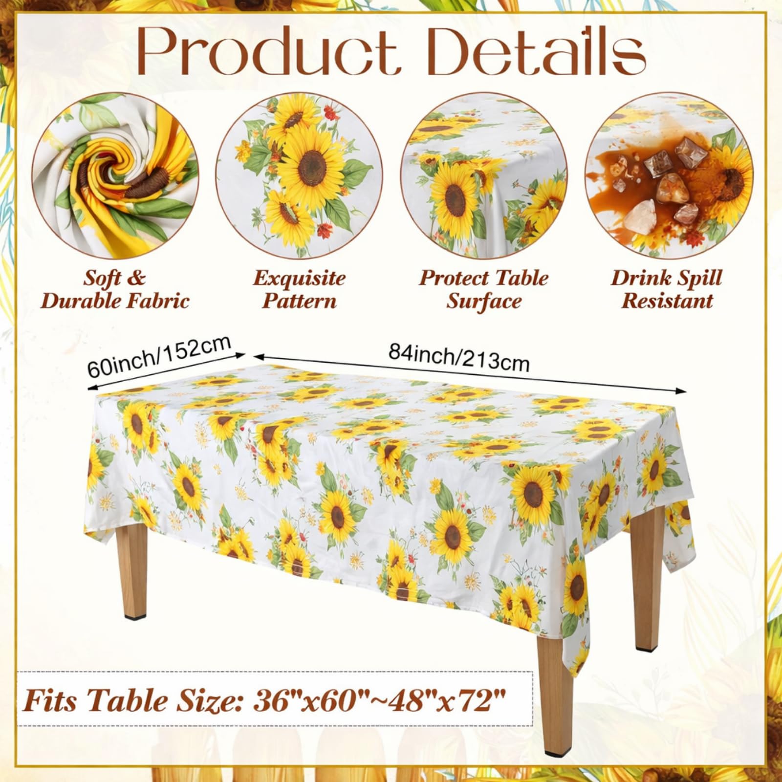 7 Pcs Sunflower Chair Covers and Tablecloth Set 60 x 84 Inch Waterproof Stain Rectangular Table Cover with Stretchable Removable Chair Slipcovers for Dining Room Kitchen Patio Summer Parties