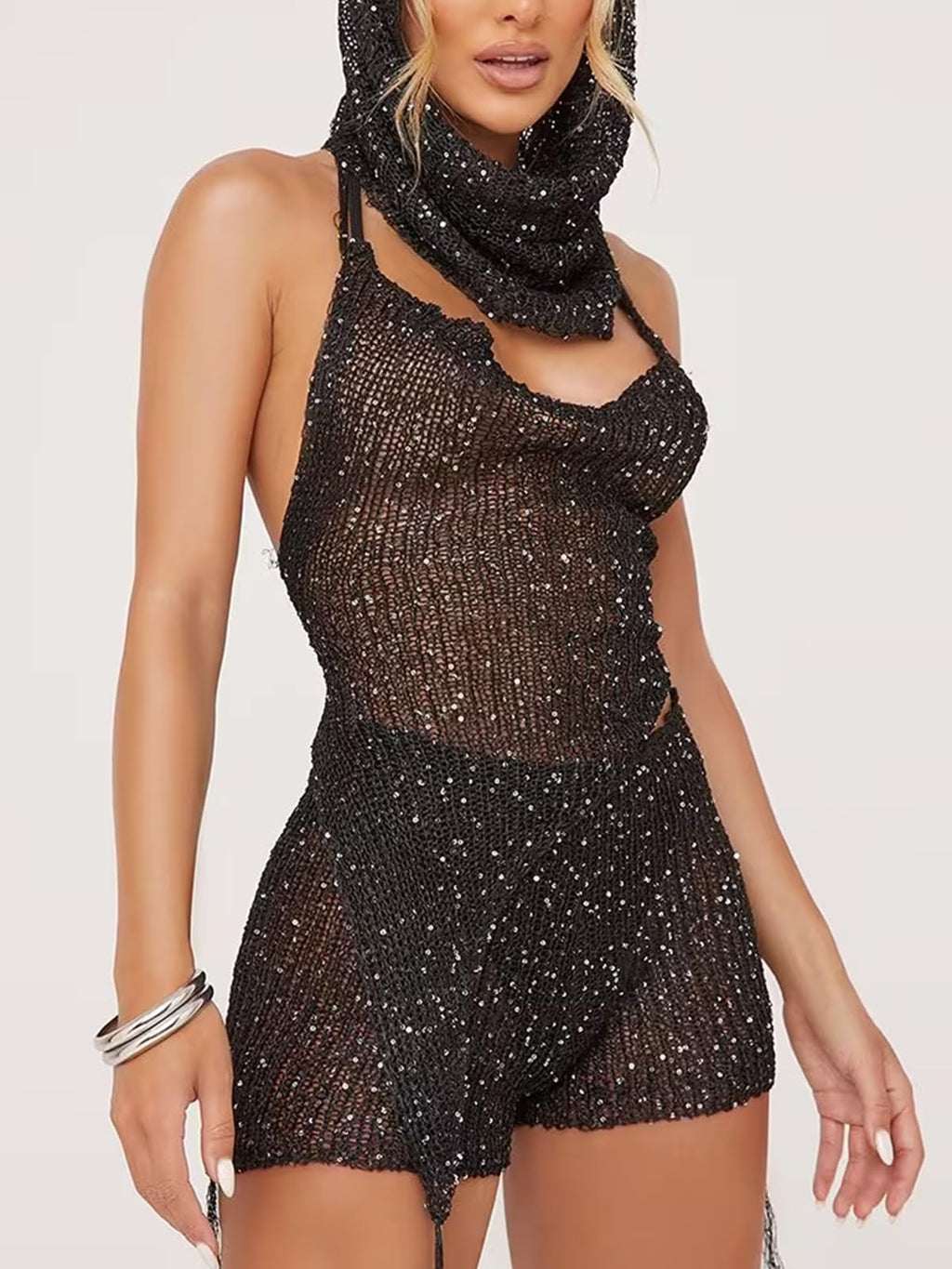 KANSOON Sexy Two Piece Outfits for Women Sequin Knit Backless Irregular Halter Top Crochet Shorts Set with Matching Rave Hood