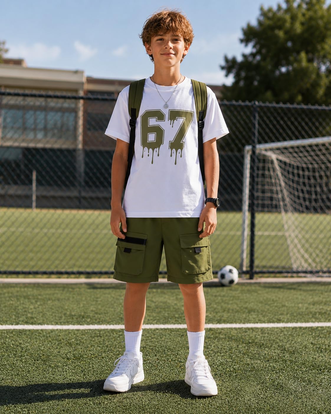 Azmxynol Tween Boys Clothes Daily Casual Short Sleeve Top + Cargo Shorts 2 Pieces Outfit Set, Size 6-14 Years