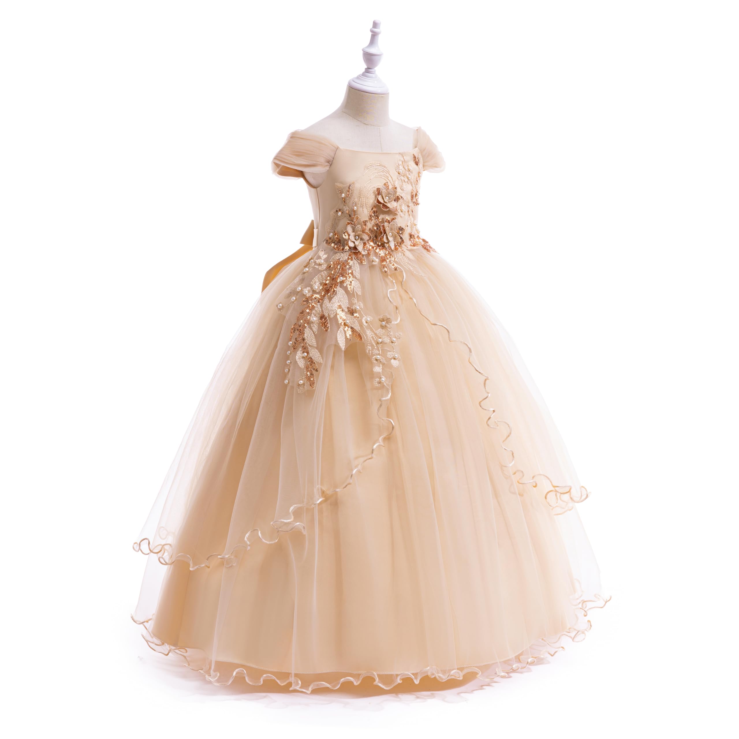 Weileenice Vintage Off the Shoulder Flower Girl Dress Lace Embroidery Little/Big Girls Wedding Bridesmaid Holiday Ballgown