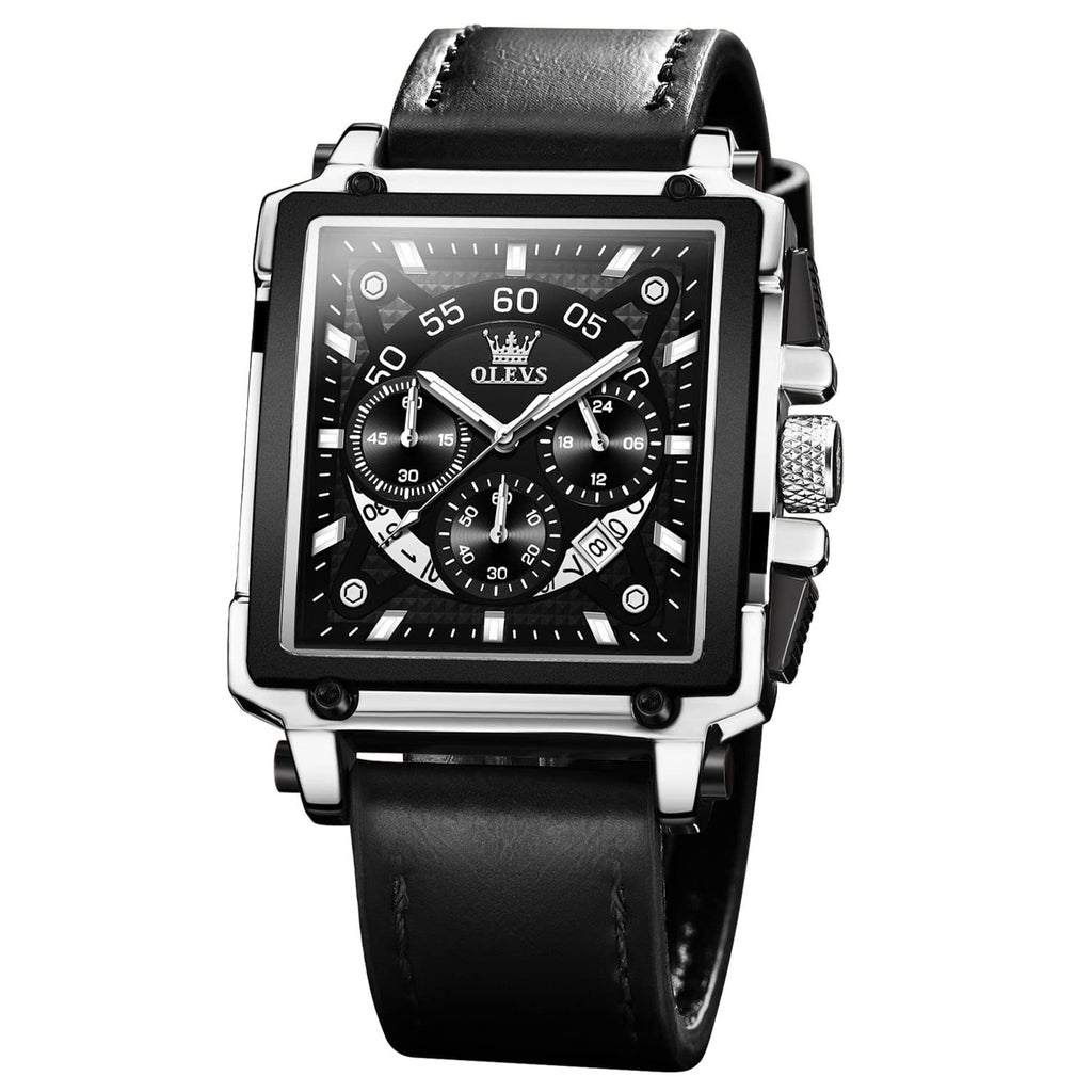 OLEVS Men's Casual Leather Watch, Big Face Chronograph Watch for Men, Fashion Easy to Read Dress Watch, Men's Waterproof Luminous Date Analog Watch, Gold/Black/White/Blue Dial