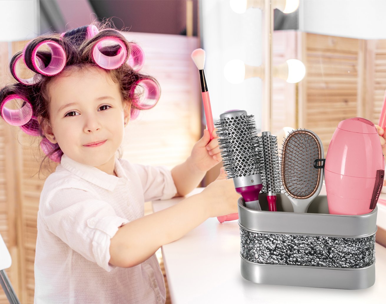 Creative Scents Crackled Glass Silver Bathroom Accessory Set – 4-Piece Vanity Set Includes: Lotion Soap Dispenser, Toothbrush Holder, Tumbler, and Soap Dish